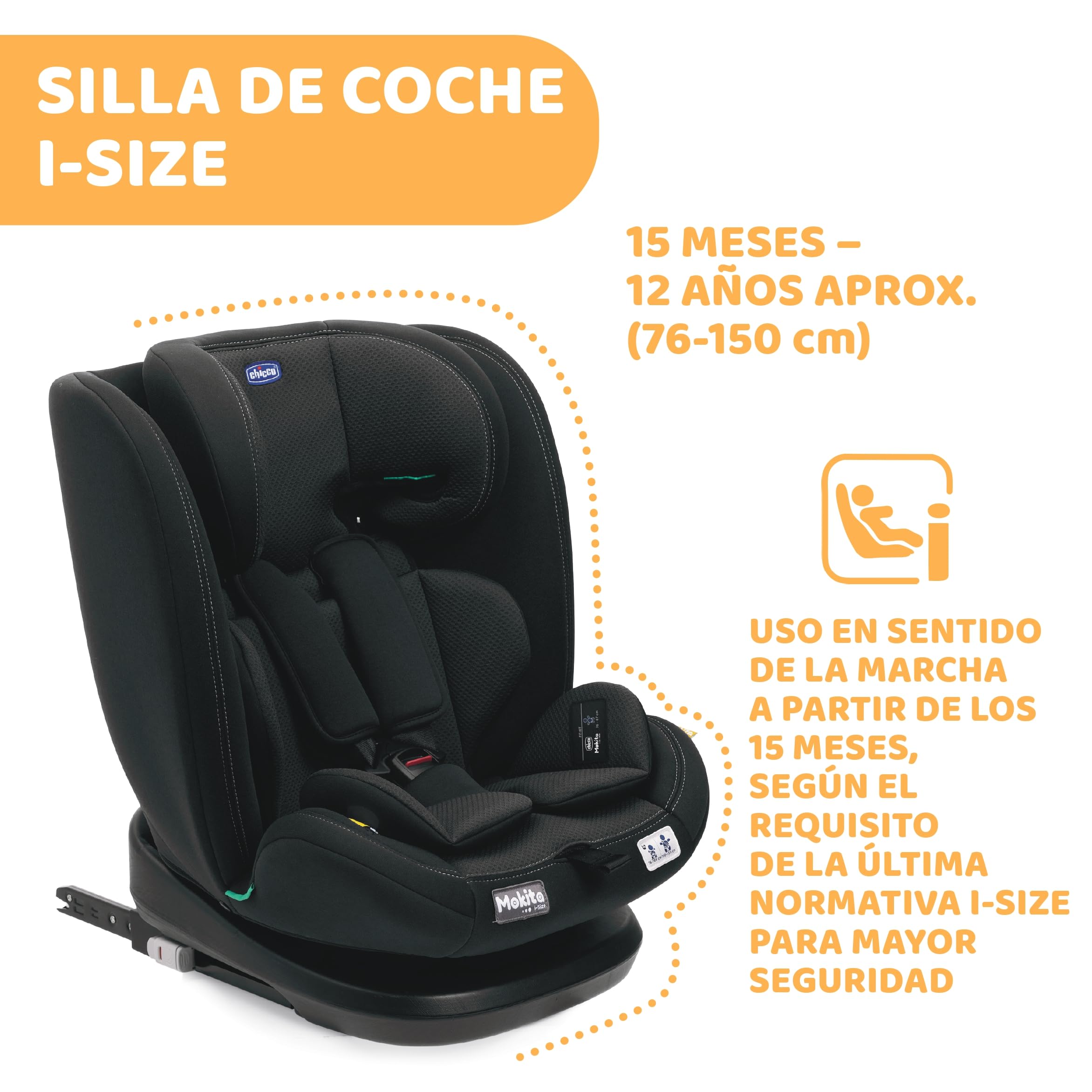 Chicco Silla de Coche Mokita I-Size, con Sistema Isofix, para niños de Entre 76 y 150 cm de Altura, utilizable a Partir de los 15 Meses. Reductor Incluido. Color Negro (Jet Black)