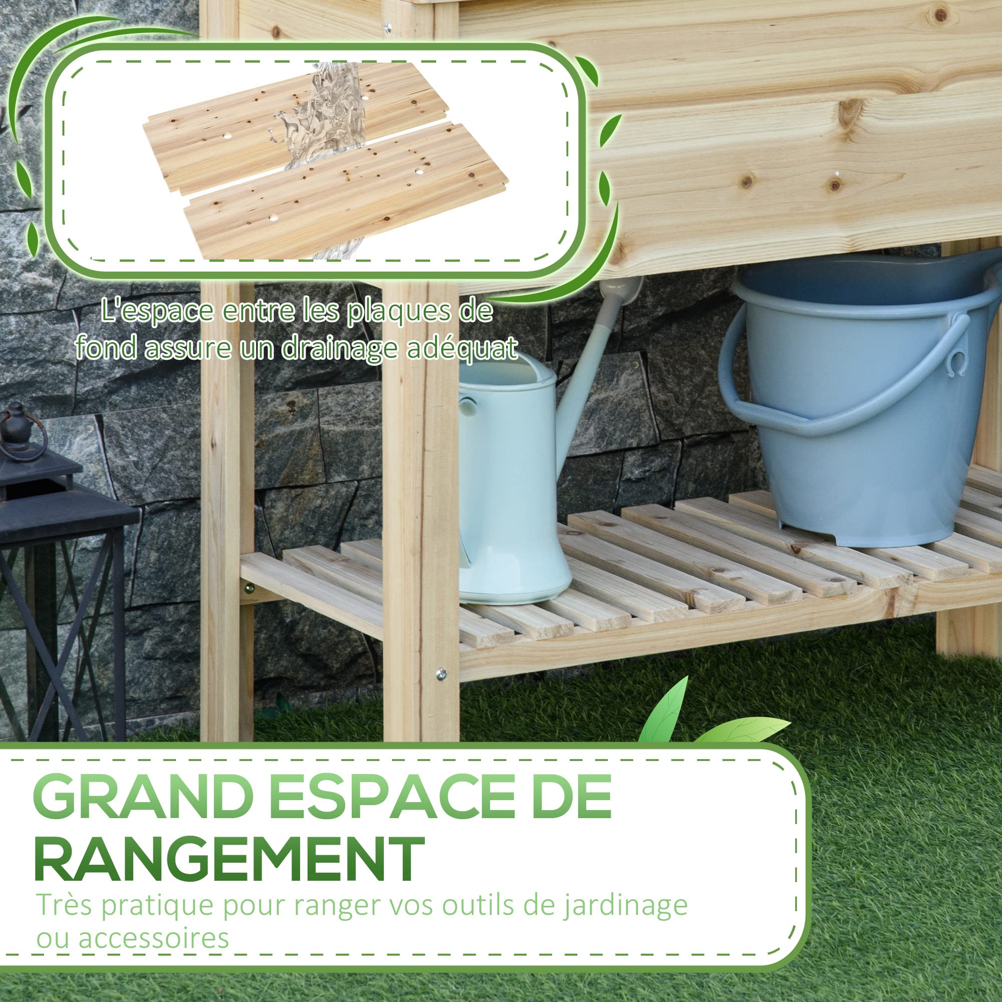 Outsunny Jardinière sur Pieds Potager avec étagère à Lattes 90 x 40 x 81 cm Inserts d'irrigation, géotextile Inclus en Bois Massif
