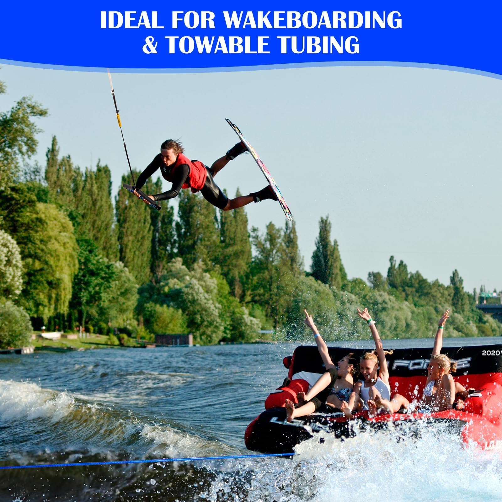 2,5 m langes Dyneema-Wakeboard-Seil und Griff, 4 Abschnitte, schwimmendes Wakeboard-Abschleppseil, Wasserskiseil für Wakeboarden, Wasserski, Knieboarden und Wakesurfen