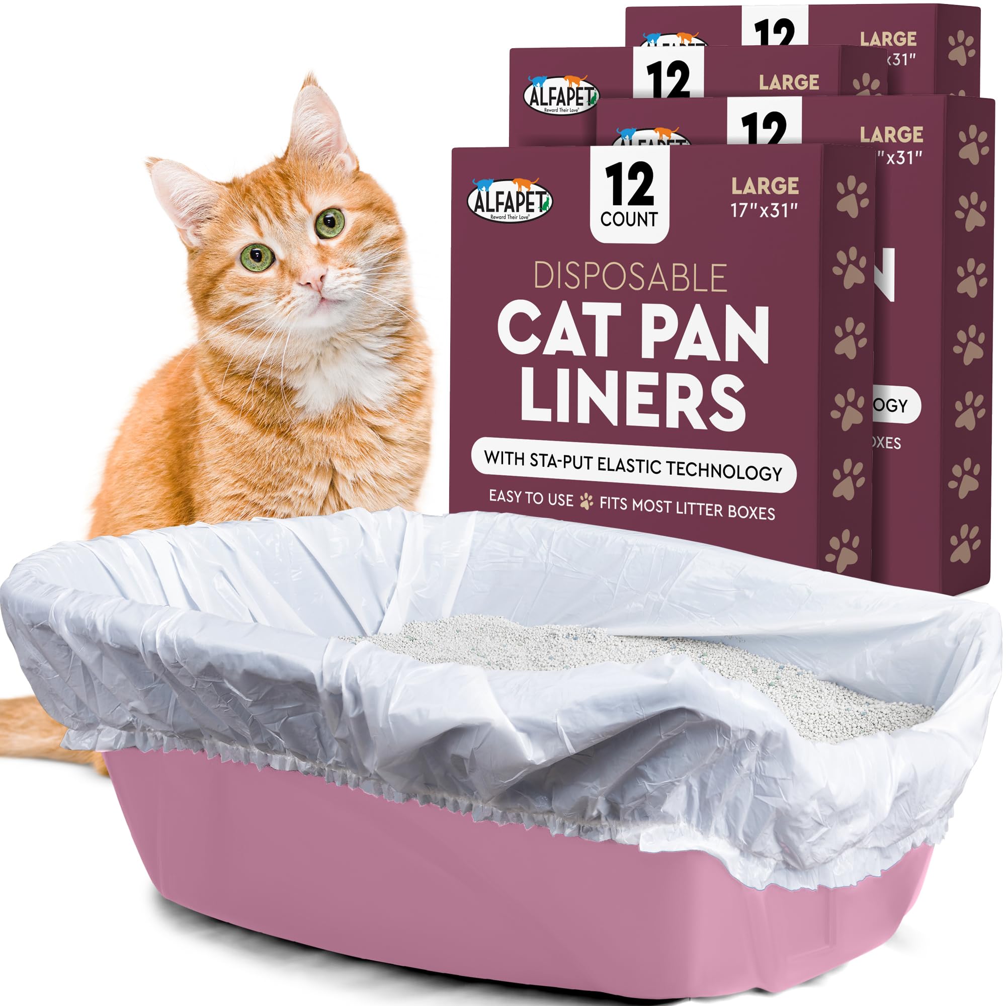 Alfapet Kitty Katzentoilette, Einweg, elastische Einlagen, 12 Stück für mittlere und große Katzentoiletten, mit Sta-Put Technologie für feste, schnelle und clevere Abfallreiniger, 4 Stück