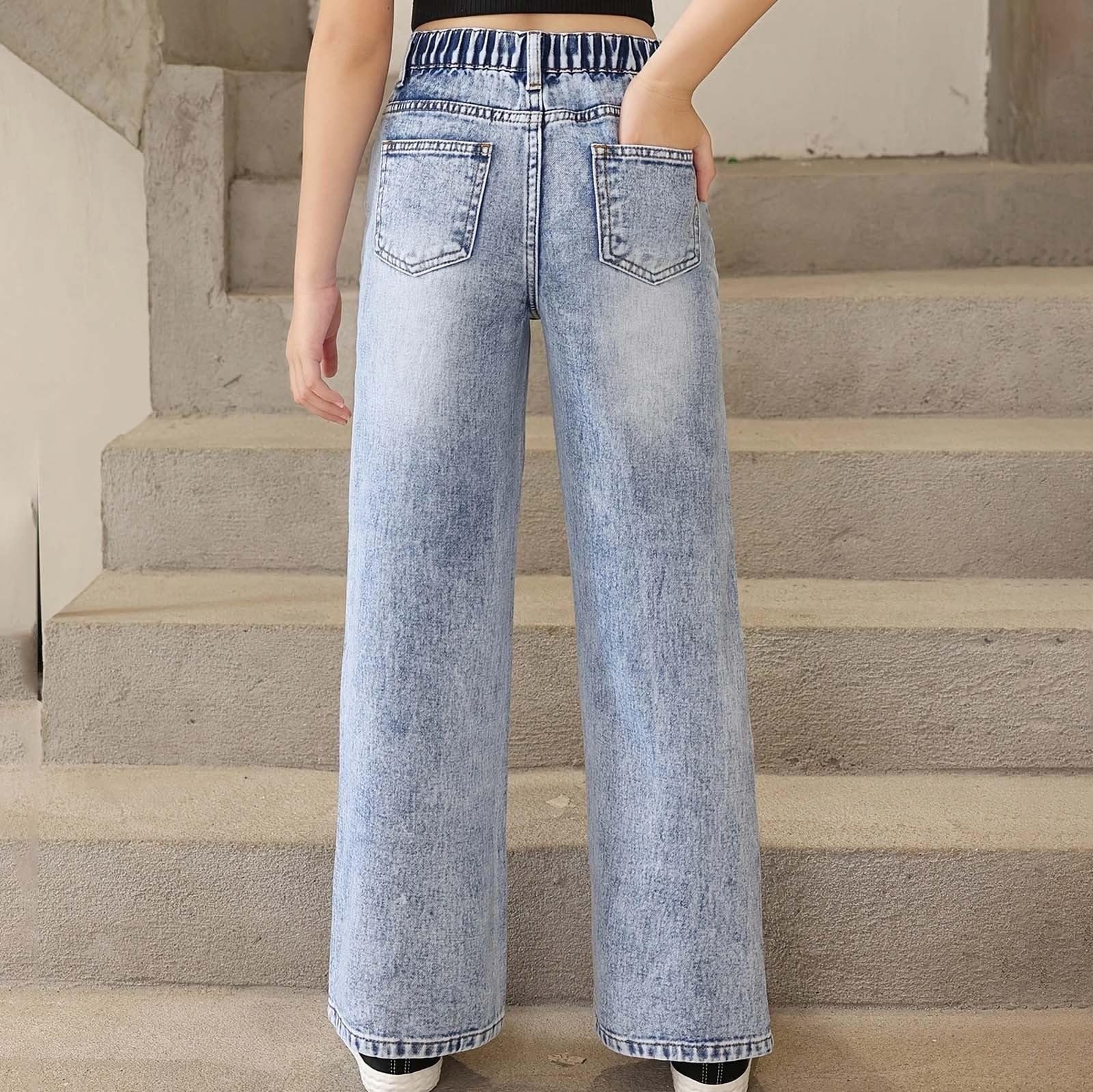 Generico Jeans Bambina 6-14 Anni Baggy Dritto Strappati Pantaloni Jeans Denim Ragazza Elasticizzati Vita Alta Casual Pantaloni da Lavoro Cargo Ampia Invernale con Tasconi Holiday Outdoor