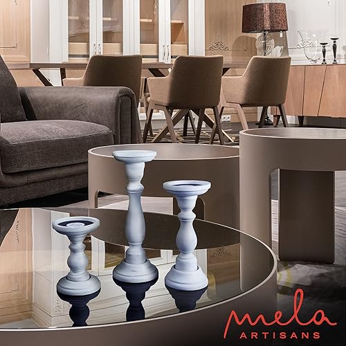 Miniatura 7 de Mela Artisans Portavelas de pilar de madera Diseño Tuli Juego de 3 candelabros de madera de mango Blanco mate Tamaños de 6 pulgadas y 9 pulgadas