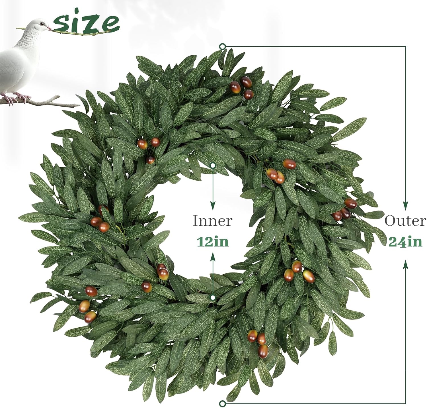 24 Inch Large Olive Wreaths for Front Door, Artificial Spring Summer All Seasons Year Round Green Lush Olive Branch Wreath for Home Farmhouse Porch Window Outdoor Indoor