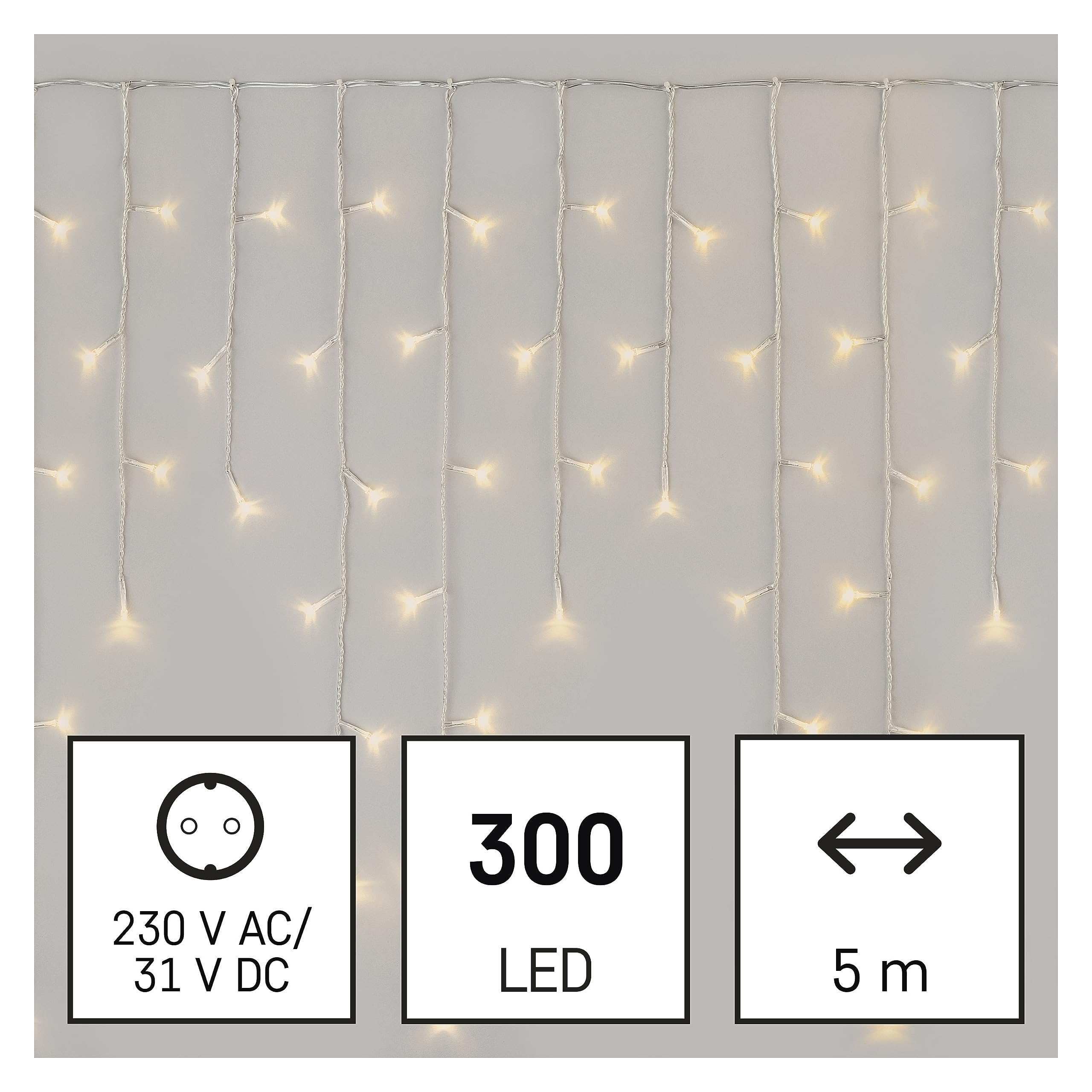 EMOS LED-Eisregen Lichterkette, 5m Weihnachtslichterkette + 5m Zuleitung, 8 Lichtmodi, Fernbedienung und Netzteil mit Timer, 300 LEDs, IP44 für Innen und Außen, Warmweiß