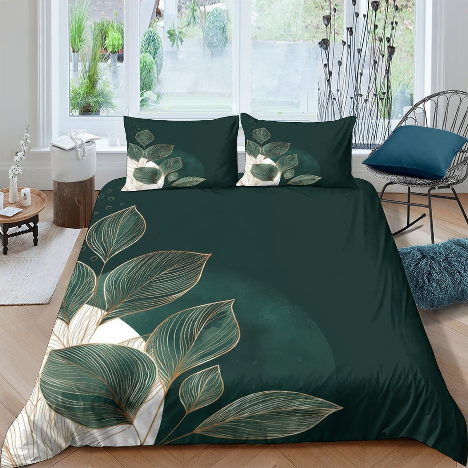 GPLZQXKJNH 3D Printed Green Botanical Leaves Duvet Cover Microfiber Soft Breathable Floral Bedding Set with 2 Pillowcases for Bedroom Decor Single（135x200cm）