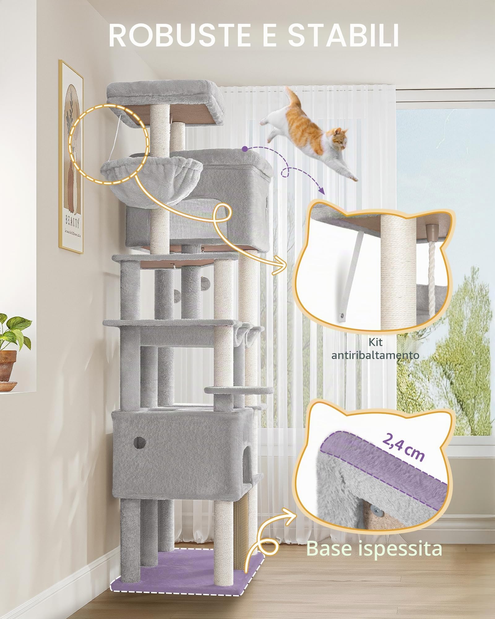 Hzuaneri Albero Gatto 200 cm Extra Large, Tiragraffi con 2 Cucce e 10 Sisal, Torre Resistente per Gatti Grandi Maine Coon, Include 2 Amache, Grigio Chiaro MS20018LG