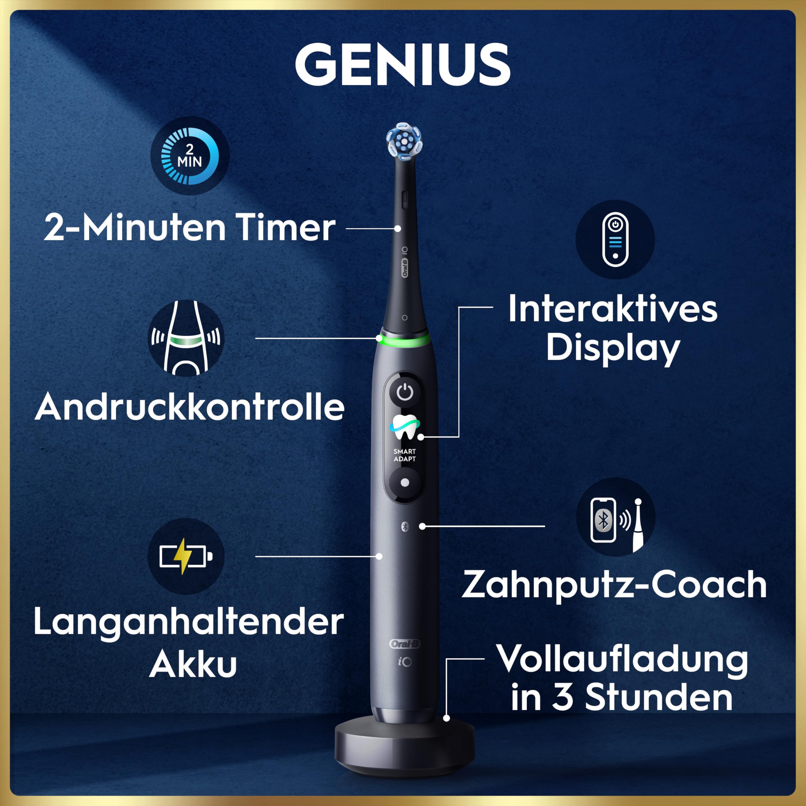 Oral-B iO Series 9 Elektrische Zahnbürste, Schwarz | Inkl. 3 Aufsteckbürsten, Lade-Reise-Etui, CHIP Testsieger (11/25), Electric Toothbrush mit 7 Modi für Zahnpflege