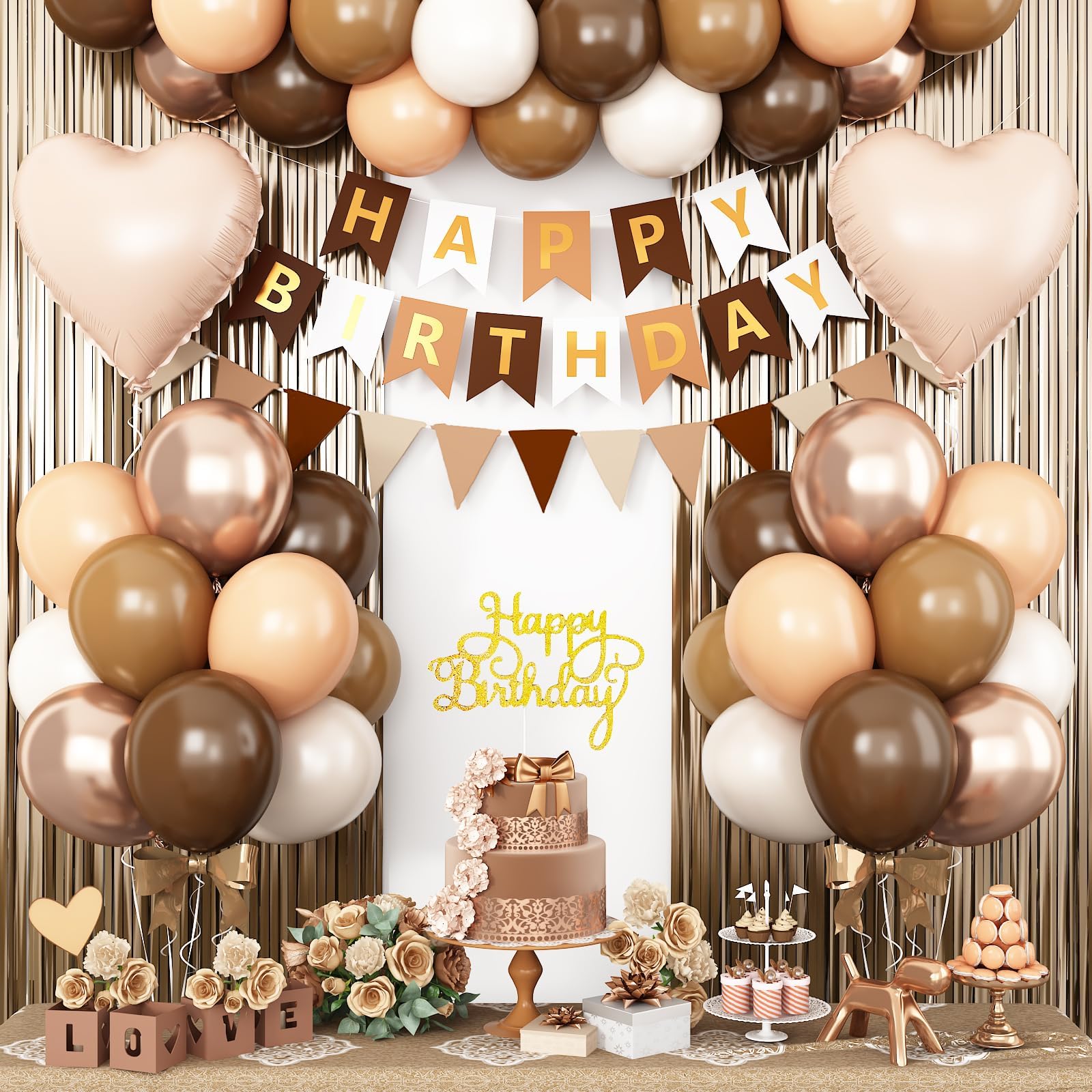 Brown Birthday Decorations,Happy Birthday Banner Beige Cream Neutral Boho Balloons Fringe Curtain Heart Foil Balloons for Women Boys Girls Baby Shower