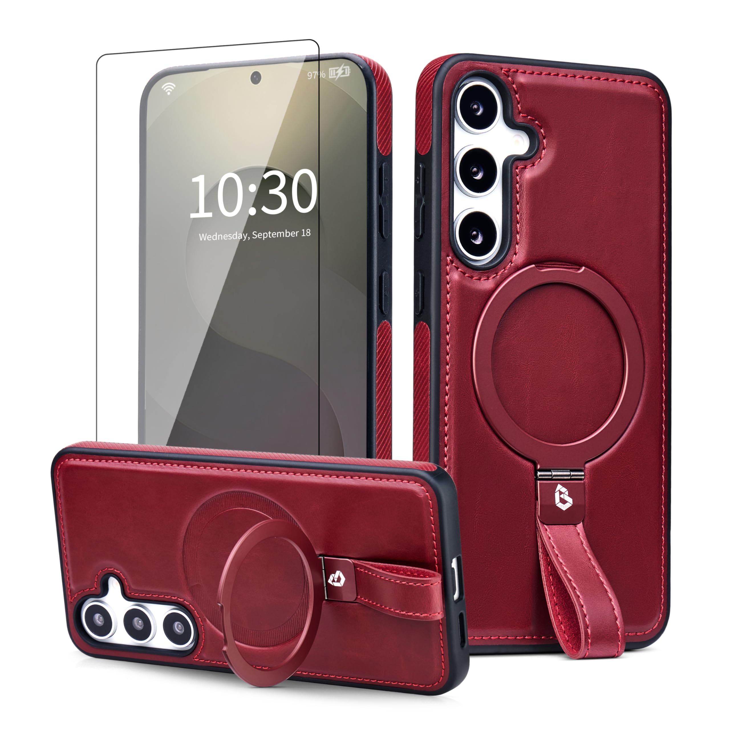Butaiga for Samsung Galaxy S25 Plus and S24 Plus Leather Case with Stand, Anti-Slip Grip Ring, Fits for MagSafe (Burgundy, S25 Plus/S24 Plus-6.7inch)