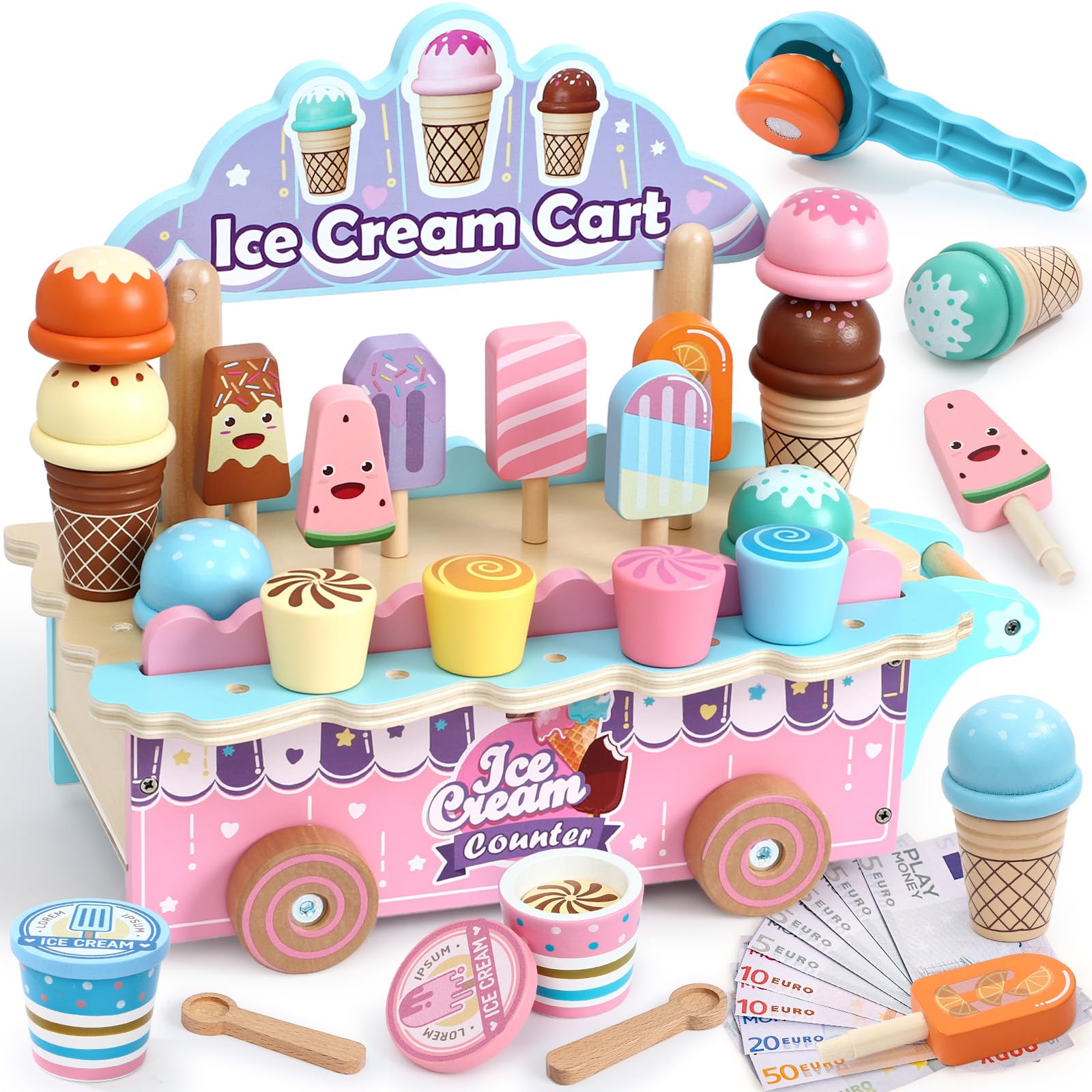 Atoylink Wooden Ice Cream Cart for Kids, Ice Cream Toys with Scoops and Toppings, Role Play Food Kitchen Accessories, Pretend Play Wooden Toddler Toys Gifts for Girls Boys 3 4 5 6 7 8 Years Old