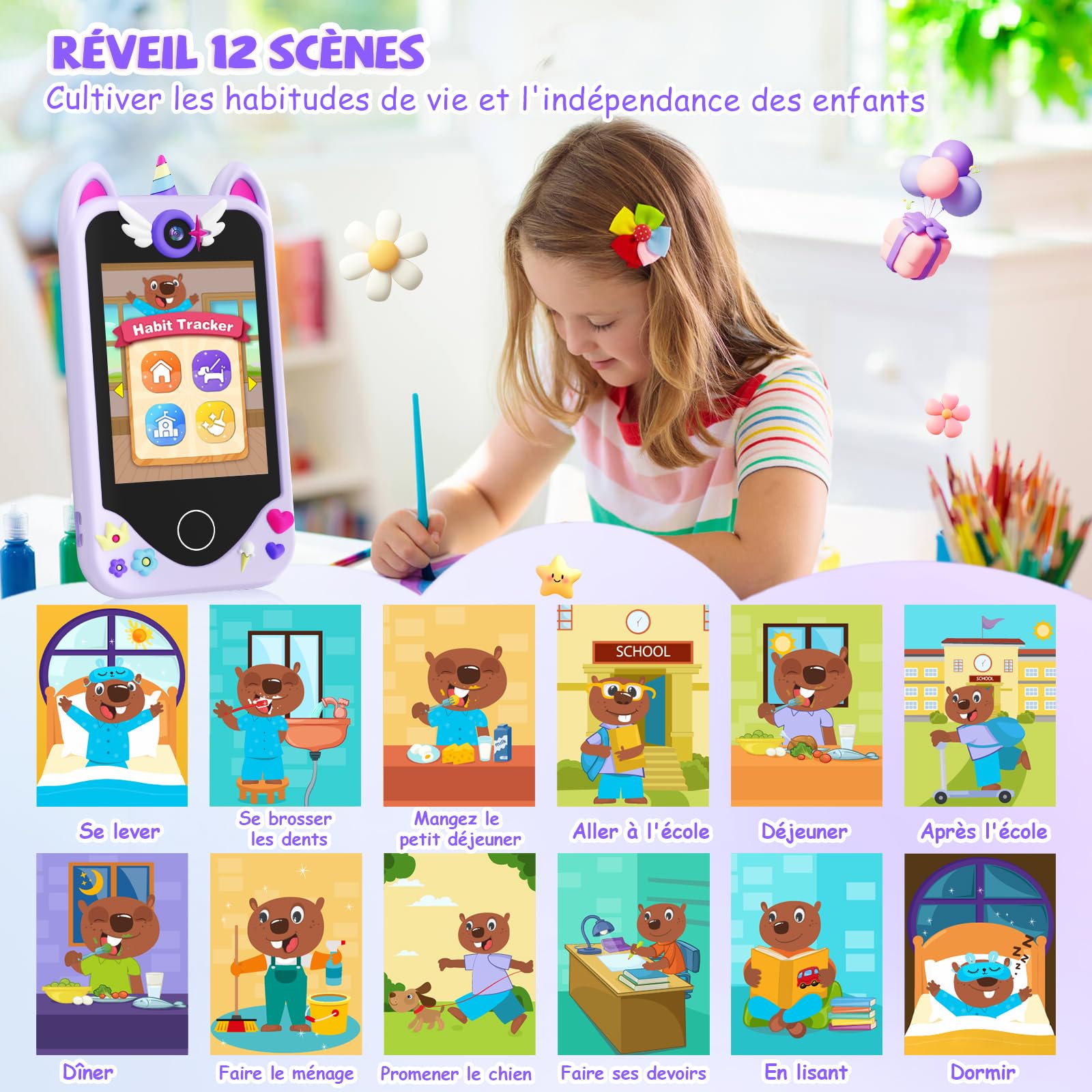 Telephone Portable Enfant Jouet - Téléphone pour Enfant avec écran Tactile, Caméras, Apprentissage Jouet, Jeux avec , Carte SD de 32 Go, Cadeau d'anniversaire pour Les Filles de 3, 4, 5 et 6 Ans