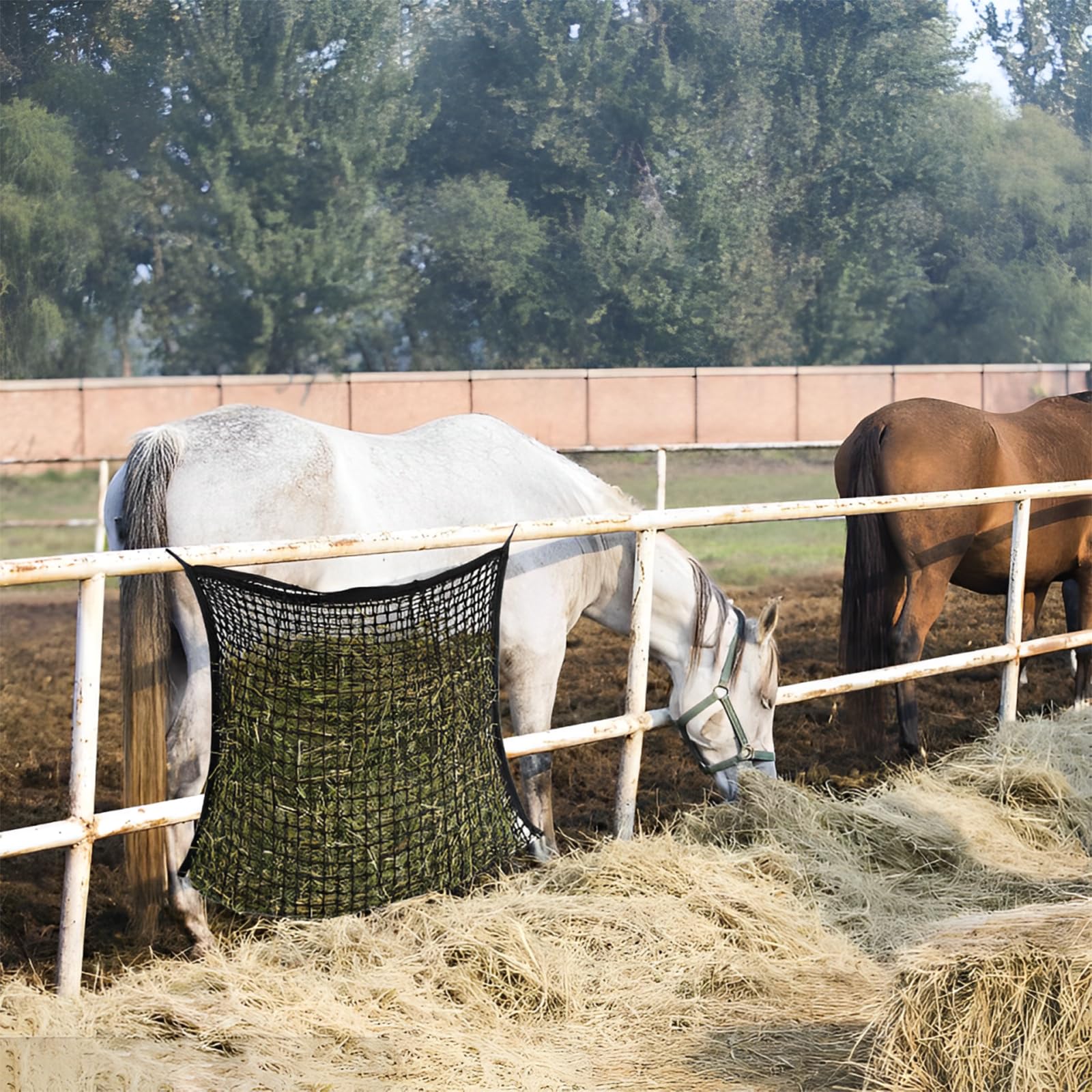 APACALI 2 piezas de red de heno para caballos, 80 x 90 cm, bolsa grande para heno con 4 mosquetones, capacidad de 10 kg, color negro