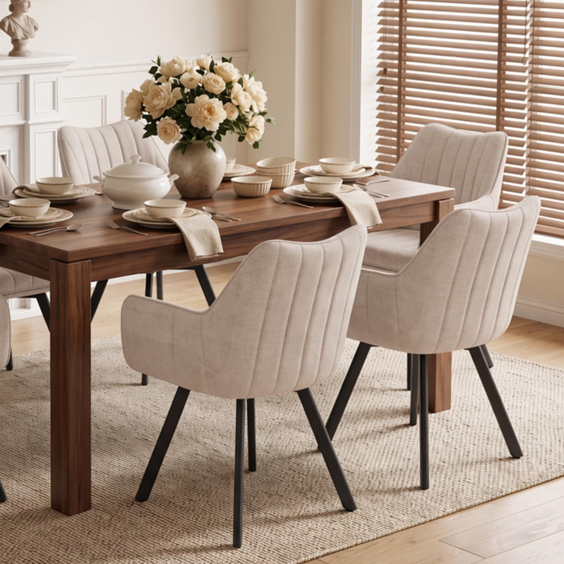 Set di 4 Sedie da Pranzo con Braccioli, Sedie da Cucina Imbottite in Lino, Gambe in Metallo Girevoli a 360°, Adatte a Sale da Pranzo, Cucine e Soggiorni, Beige