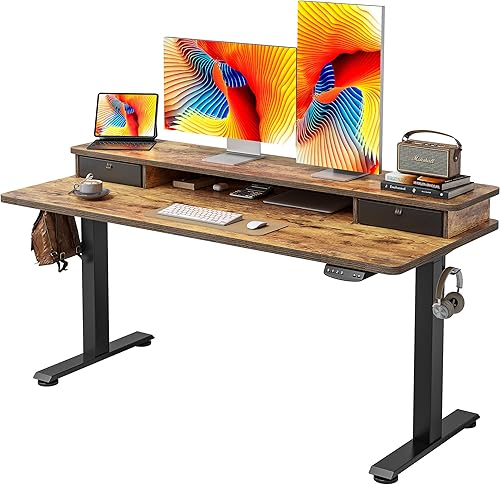 Cubiker Escritorio eléctrico de pie con cajones dobles, escritorio de pie ajustable de altura de 63 x 24 pulgadas con estante de almacenamiento,