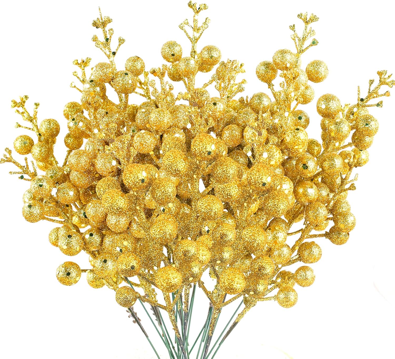 Yisquar Gold Christmas Glitter Berries Stems 14Pcs Christmas Berry Picks Artificial Xmas Picks Faux Berry Stems for Christmas Tree Decorations Glittery Twigs Branches for Xmas Winter Holiday DIY Craft