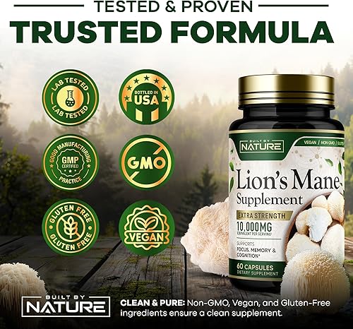 Miniatura 8 de Built by Nature Lion's Mane 10,000 mg - Suplemento de hongo extra fuerte para apoyo cerebral nootrópico - Enfoque, memoria y función cognitiva - Sin