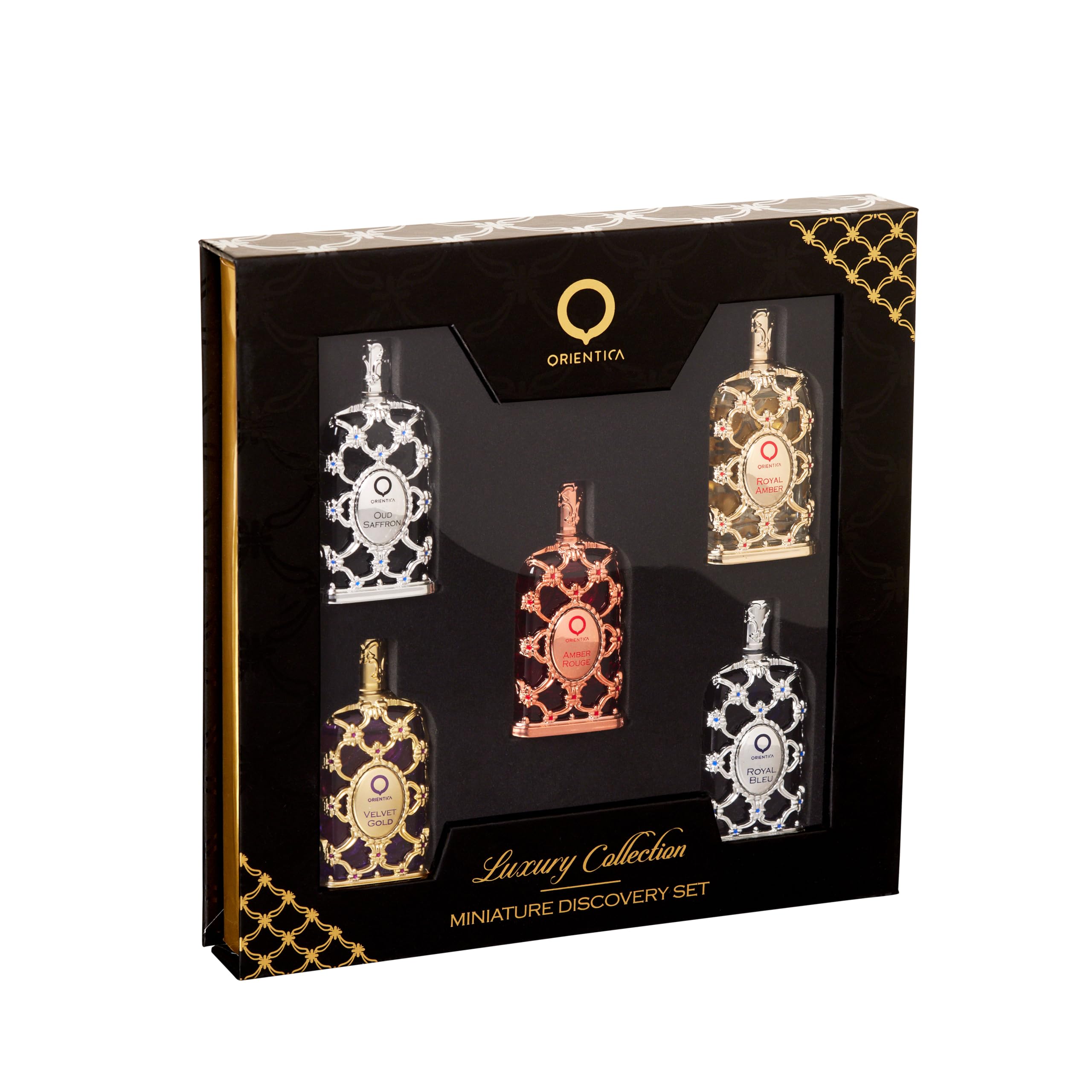 Orientica Luxury Collection Miniature Discovery Set – 5 x 7,5 ml Eau de Parfum | Set regalo di profumi unisex ambra e vaniglia | Sampler di fragranze Oud da viaggio per uomo e donna