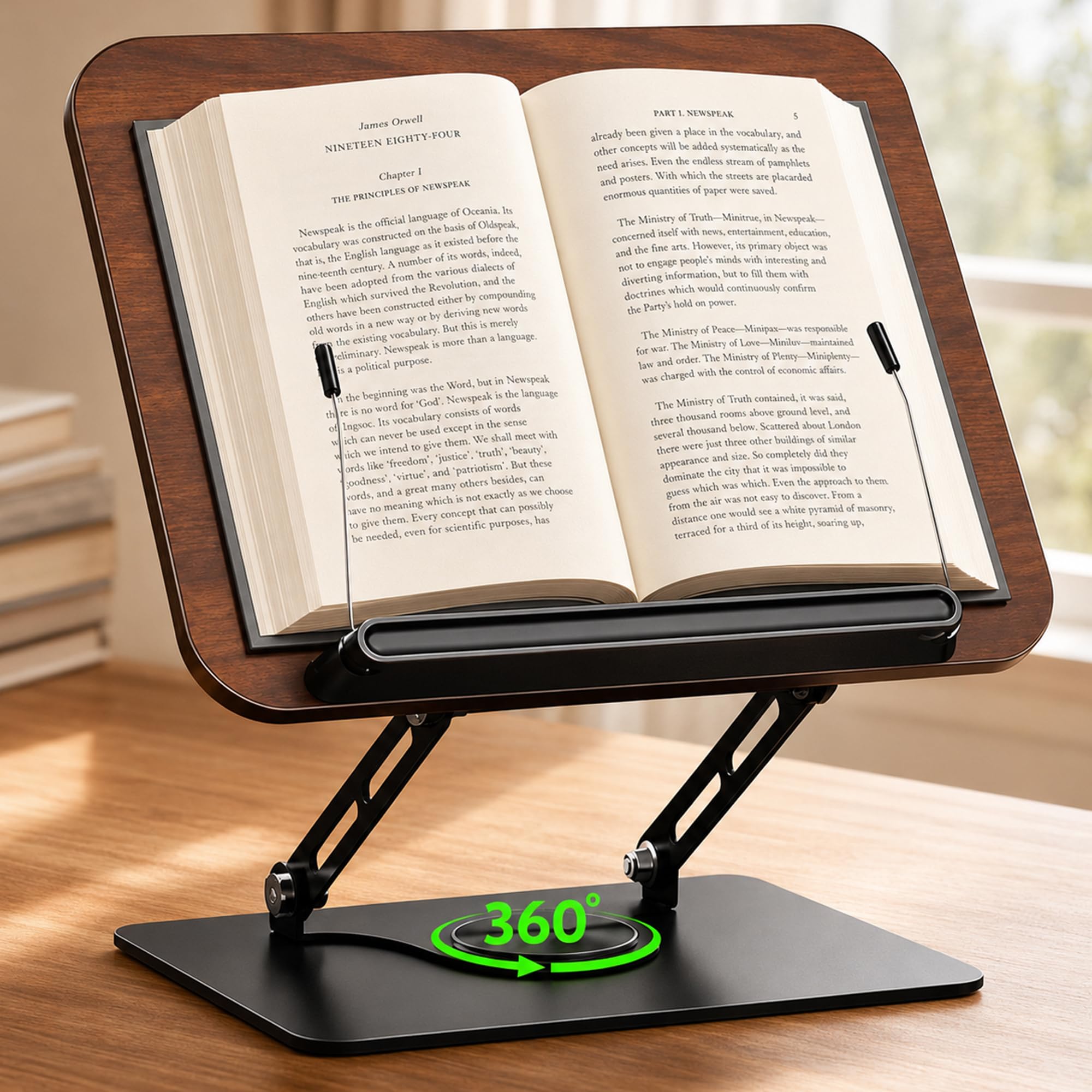 Atril para Libros de Madera con Base Giratoria 360°, Atril de Lectura con Clips Altura Ajustable de 4 a 39 cm, Soporte …