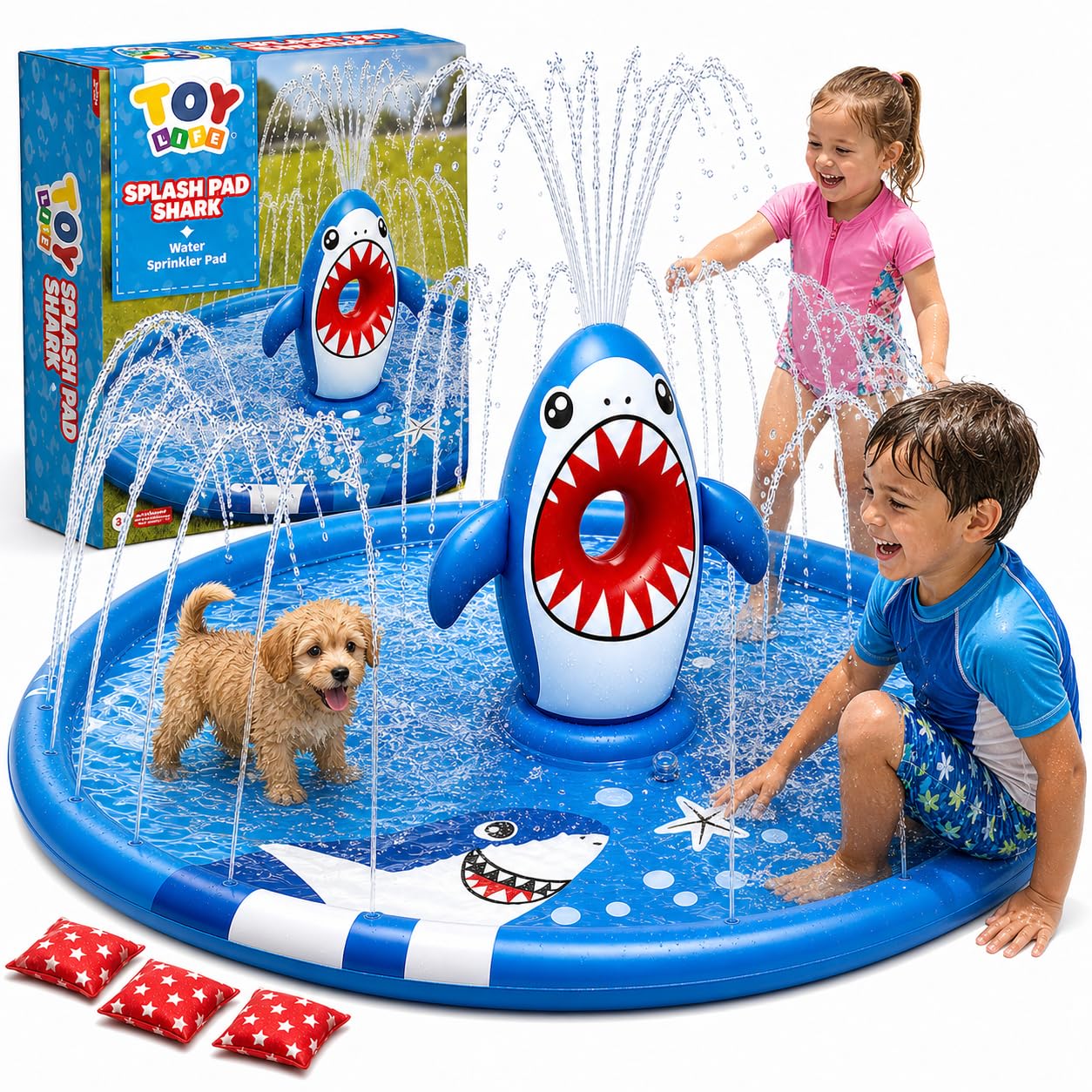 TOY Life Shark Splash Pad per bambini e cani, extra large, 178 cm, piscina con irrigatore all'aperto, per bambini dai 1 ai 3 anni, tappetino da gioco resistente antiscivolo per il divertimento estivo