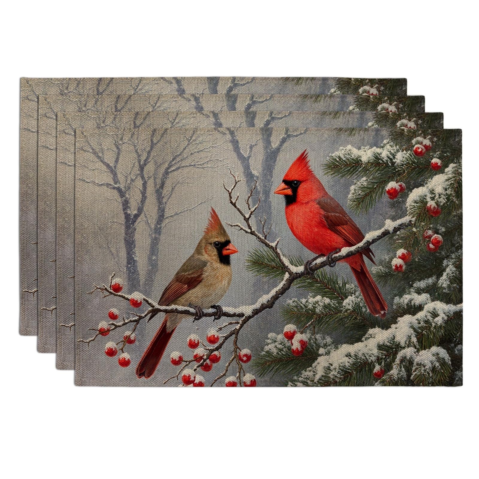 Winter Birds Placemats, Red Rustic Bird Place Mats for Dining Table, Holiday Non-Slip Washable Indoor Outdoor Kitchen Party Decorative Placemat Set of 4