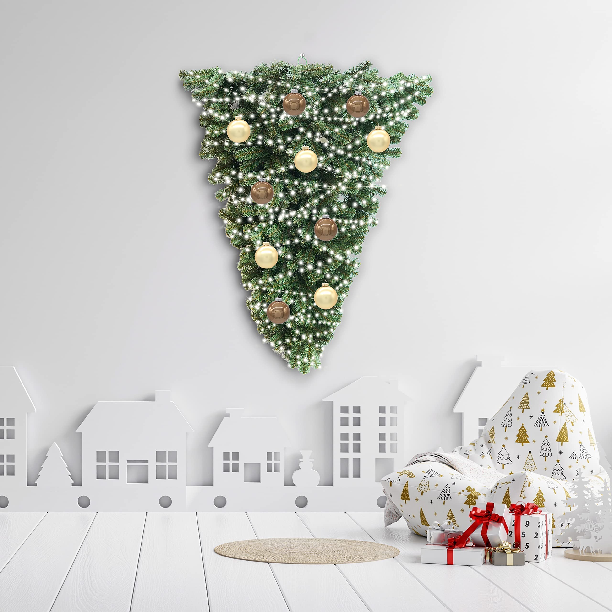 GIOVE Albero di Natale a Parete Sottosopra H 135 cm in PVC da Appendere Apertura ad Ombrello 2 Parti + Gancio