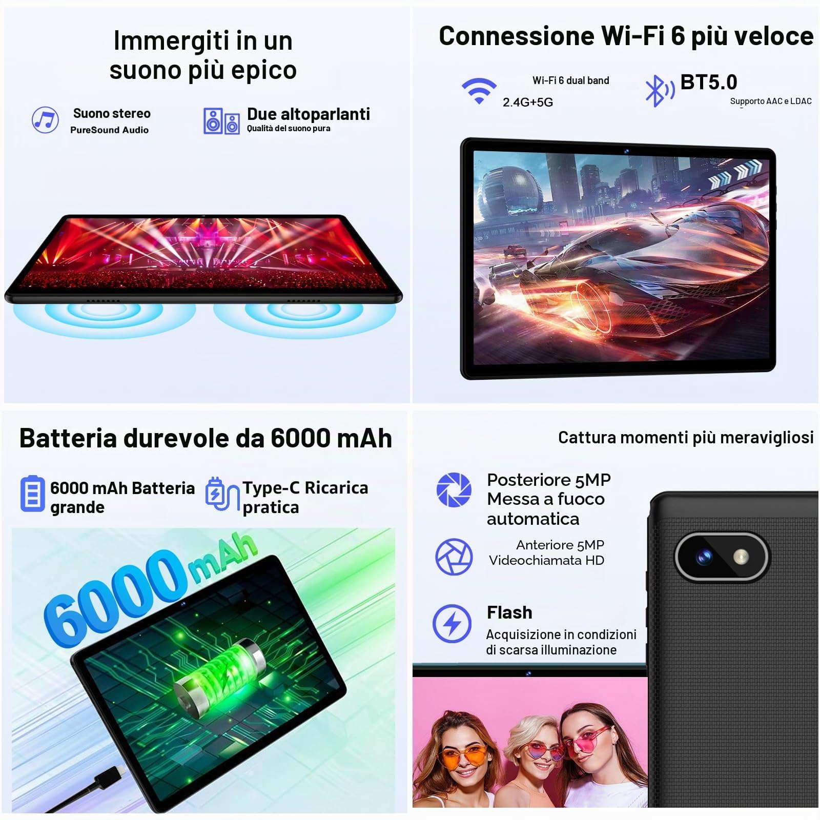 DMOAO Tablet 10 Pollici Android con 18GB RAM + 128GB ROM(TF 1TB), HD Tablet con 5G Wi-Fi 6, Widevine L1, Octa-Core 1.8 GHz, USB-C, BT 5.0, 6000mAh,Custodia, Nero