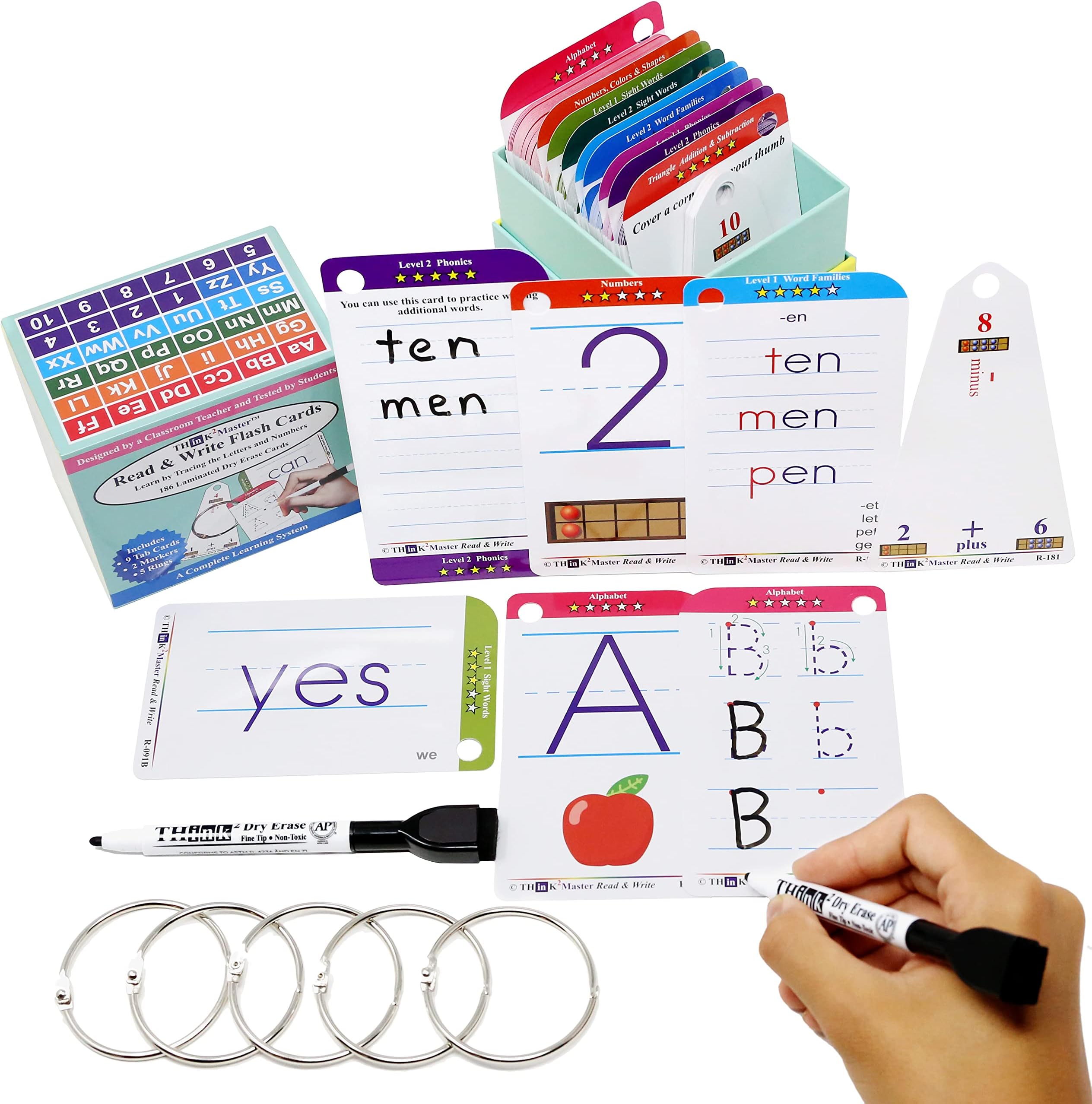Premium 186 Laminated Alphabet, Sight Words & Phonics Flash Cards for Pre K & Kindergarten. (Bonus: 2 Dry Erase Markers, 5 Rings). Learn to Read, Write, Count, Add & Subtract Numbers.