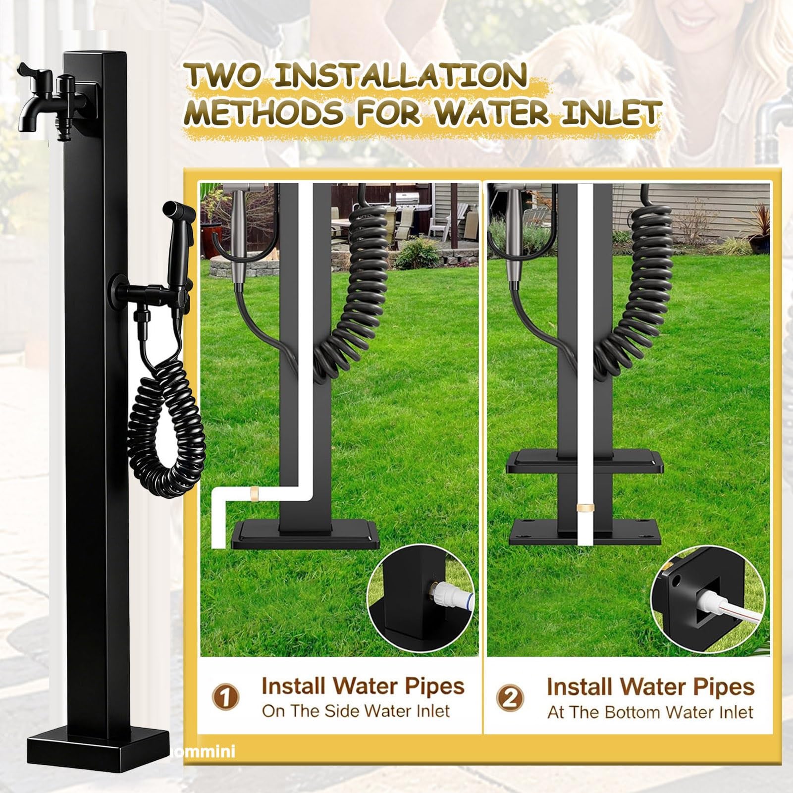 Hidrante de jardín al aire libre con grifo y pistola rociadora, columna de agua de jardín, soporte de manguera de grifo de doble salida, acero inoxidable para patio trasero