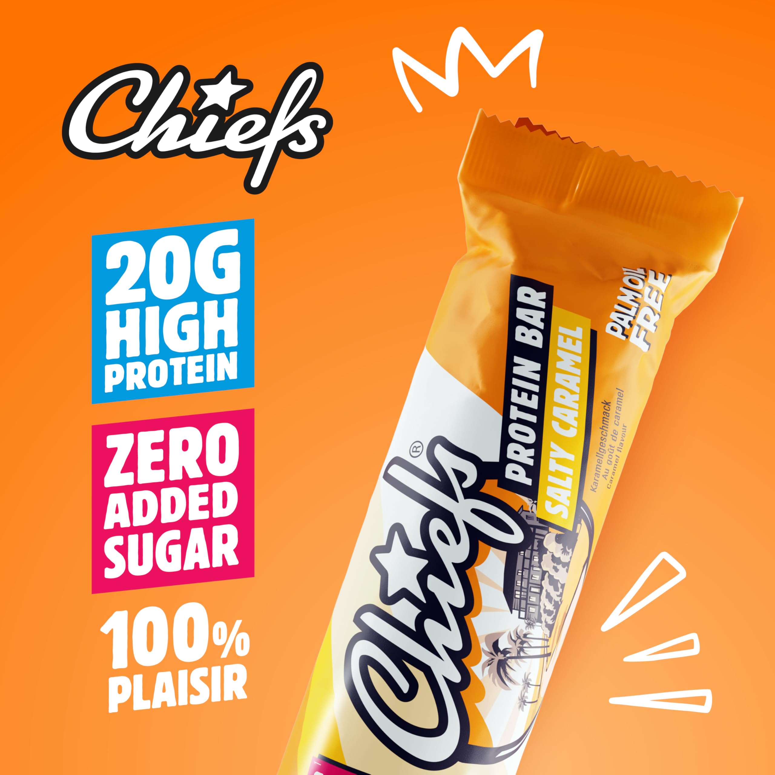 Chiefs Protein Bar (Salty Caramel) • Barre protéinée premium avec 20g de protéines & 214 kcal par barre • Sans sucre ajouté • Barre protéinée low sugar • Goût de Salty Caramel • Pack de 12 (12 x 55g)