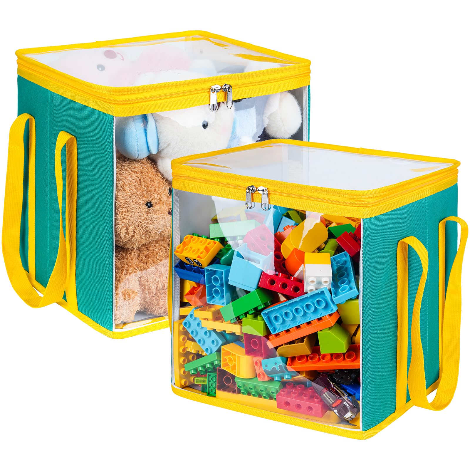 2 Pack Large Toy Storage Bins with Transparent Lids & Handle, Clear Foldable PVC Cube Organizer Boxes for Magnetic Tiles, Dolls, Clothes, Books