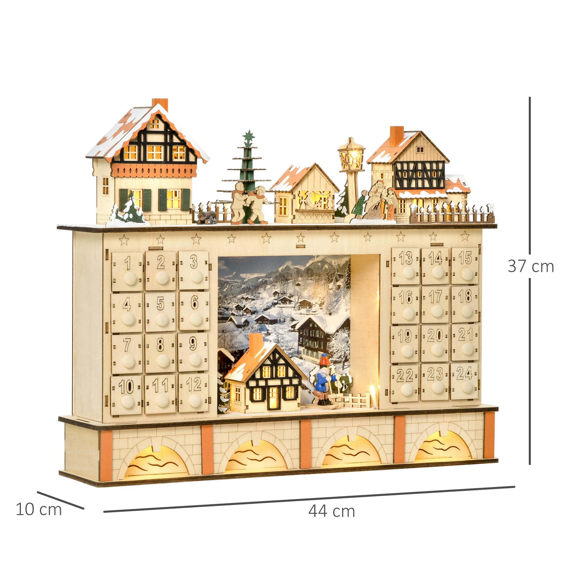 HOMCOM Calendario de Adviento para Llenar Calendario de Adviento de Madera con Luces y 24 Cajones de Cuenta Regresiva Juguetes para Niños y Adultos 44x10x37 cm Natural