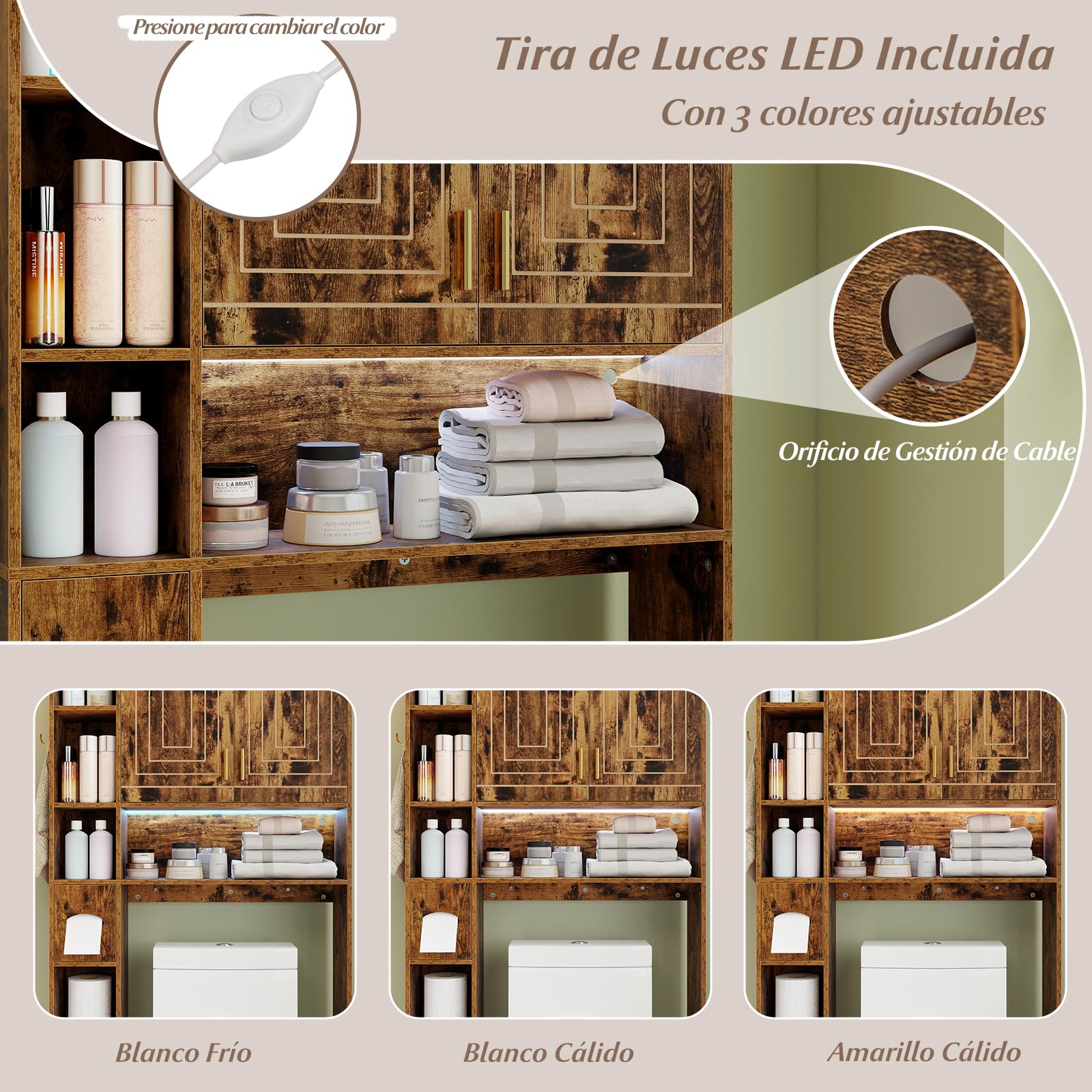COSTWAY Mueble sobre Inodoro, Armario Independiente para Lavadora con Armario de 2 Puertas, 6 Compartimentos, Caja para Pañuelos, Gancho y Estante Ajustable, Estanterias Alta de Almacenaje (Café)