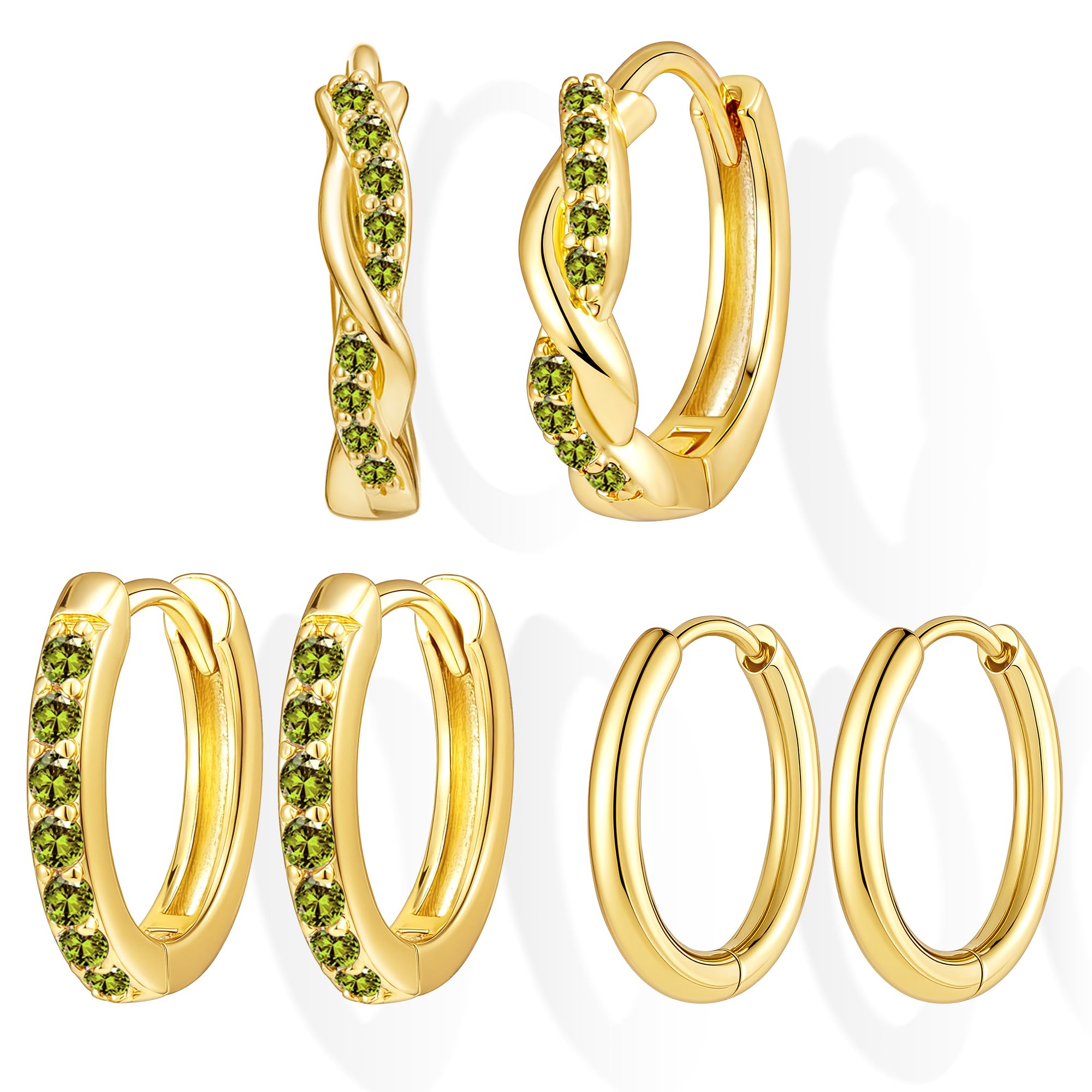 Inerney Gold Huggie Hoop Earrings Set for Women, Dainty Small Sterling Silver Earring Stacks Hypoallergenic Jewelry for Multiple Piercings, Trendy Twisted Cute Cartilage Hoops Birthstone Gift 3 Pairs