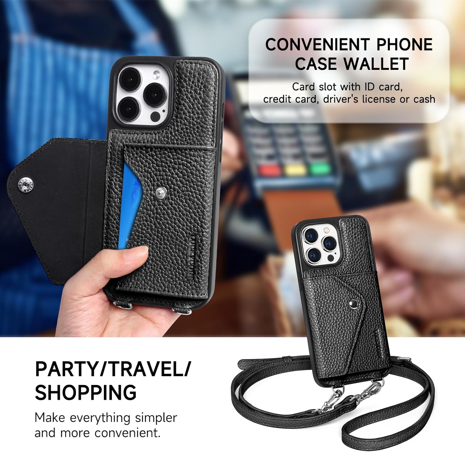 LUCKYCOIN Crossbody Phone Case for iPhone 15 Pro,100% Genuine Leather Phone Wallet Case for Women, Premium Hands-Free Phone Purse with Expandable Flip Card Holder & Adjustable Strap - Pebble Black