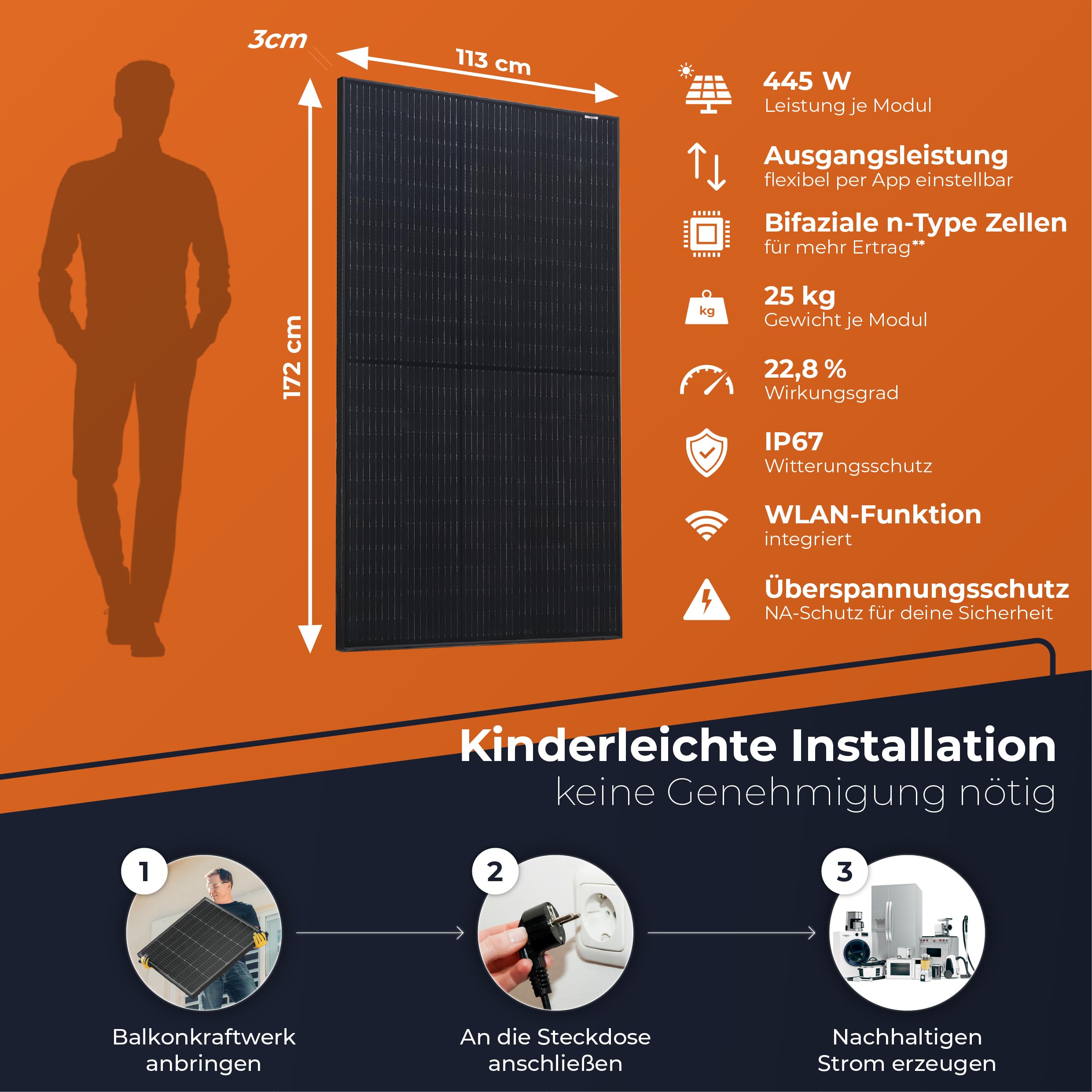 Solarway 880Wp / 800W Central Eléctrica Balcón Completo - Inverter EcoFlow Stream 800W - Sistema Solar Completo - Módulos Bifaciales Black 440W & EcoFlow & Accesorios