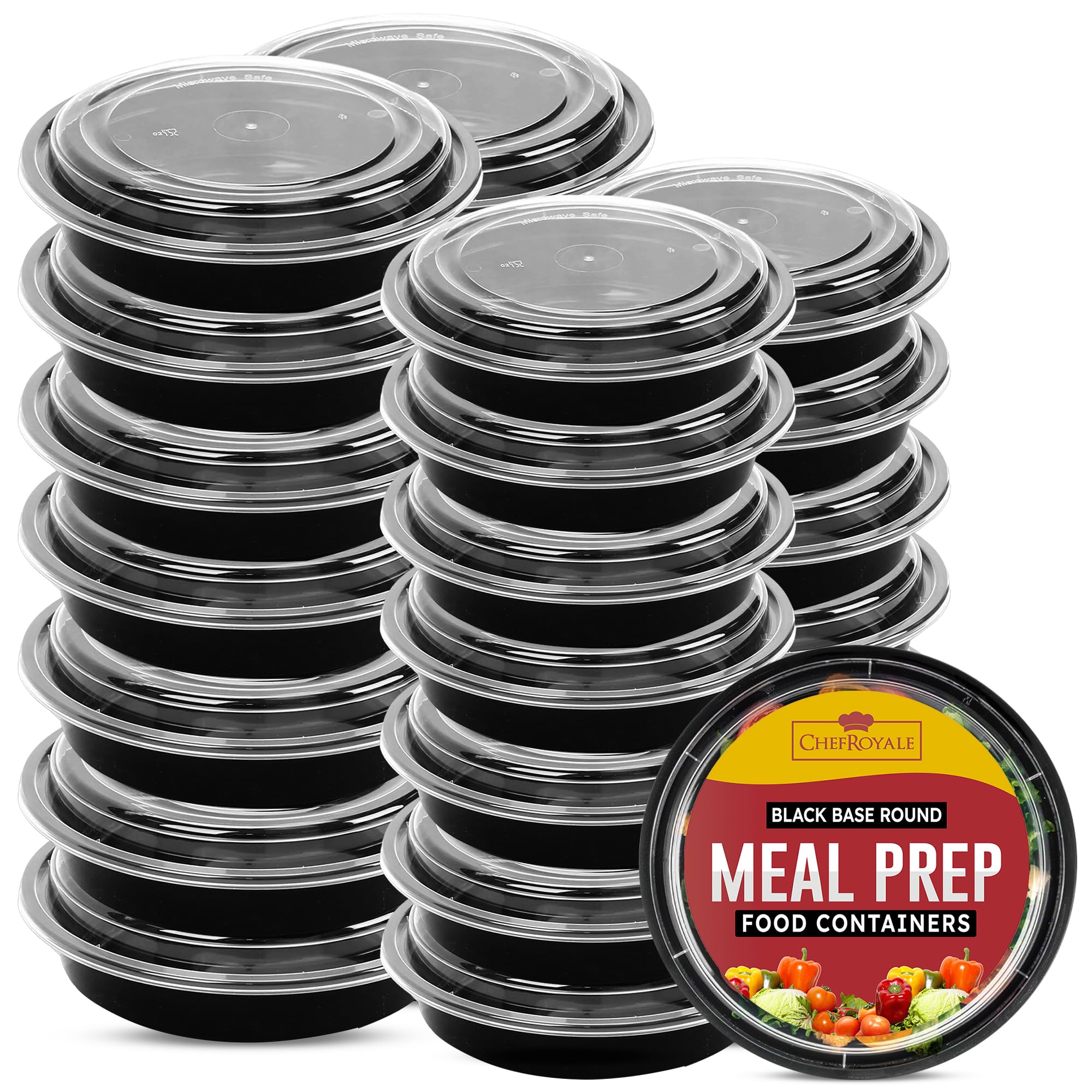 CHEF ROYALE 32oz (30 Pack) Black Base Round Meal Prep Containers Reusable Food Containers with Airtight Lids Plastic Food Containers - Microwaveable, Freezer and Dishwasher Safe