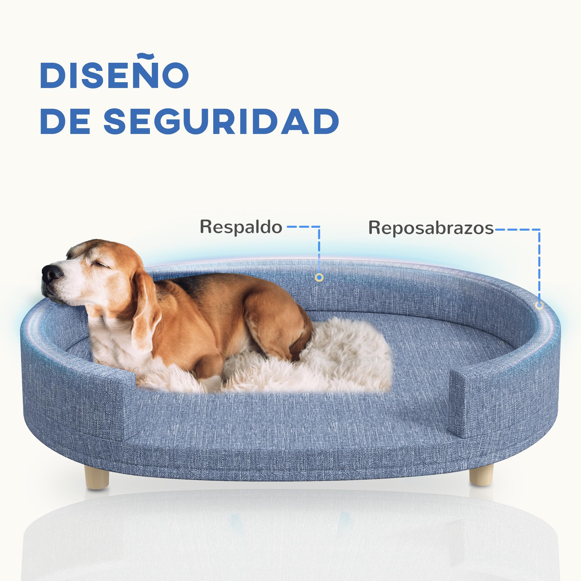 PawHut Sofá para Perros Grandes Sofá para Mascotas con Funda Lavable Cojín Desmontable y Patas de Madera de Pino Carga 30 kg para Interior 100x70x25 cm Azul