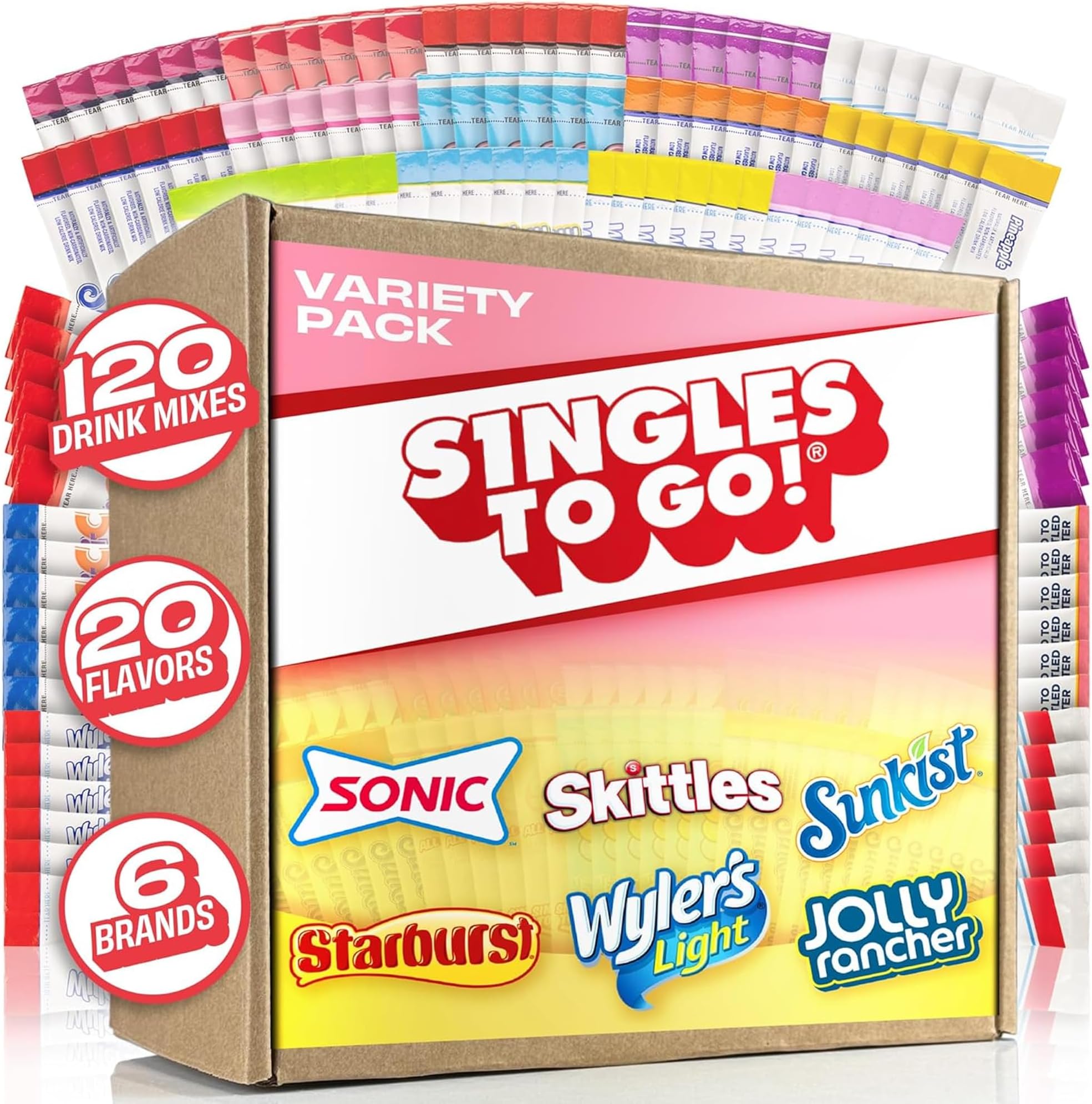 120ct Bulk Variety Pack - 20 Different Flavors from Skittles, Sonic, Sunkist, Starburst and More - Sugar Free Drink Mix Packets - Sugar Free Water Flavoring Packets