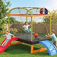 Vista 3 de Trampolín Mini Rectangular 7 en 1 de 6.5 pies con Escalada Deslizamiento Columpio para Niños Regalo de Cumpleaños para Niñas y Niños, Trampolín