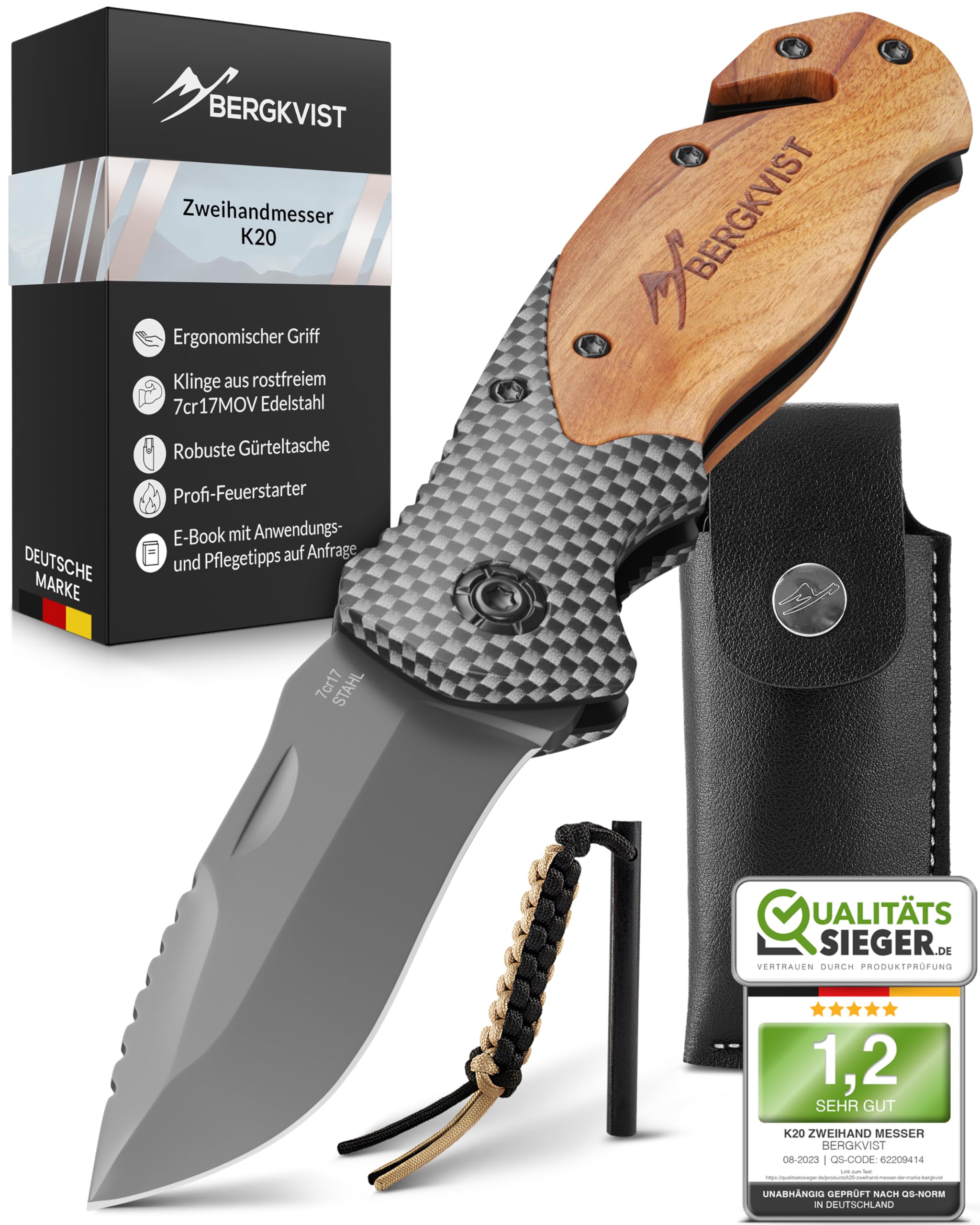 BERGKVIST® K20 Klappmesser für Outdoor & Survival [3-in-1 Zweihandmesser] | scharfes Taschenmesser, Mitführen in Deutschland erlaubt, mit Holzgriff, Glasbrecher, Gurtschneider, Feuerstahl & Tasche
