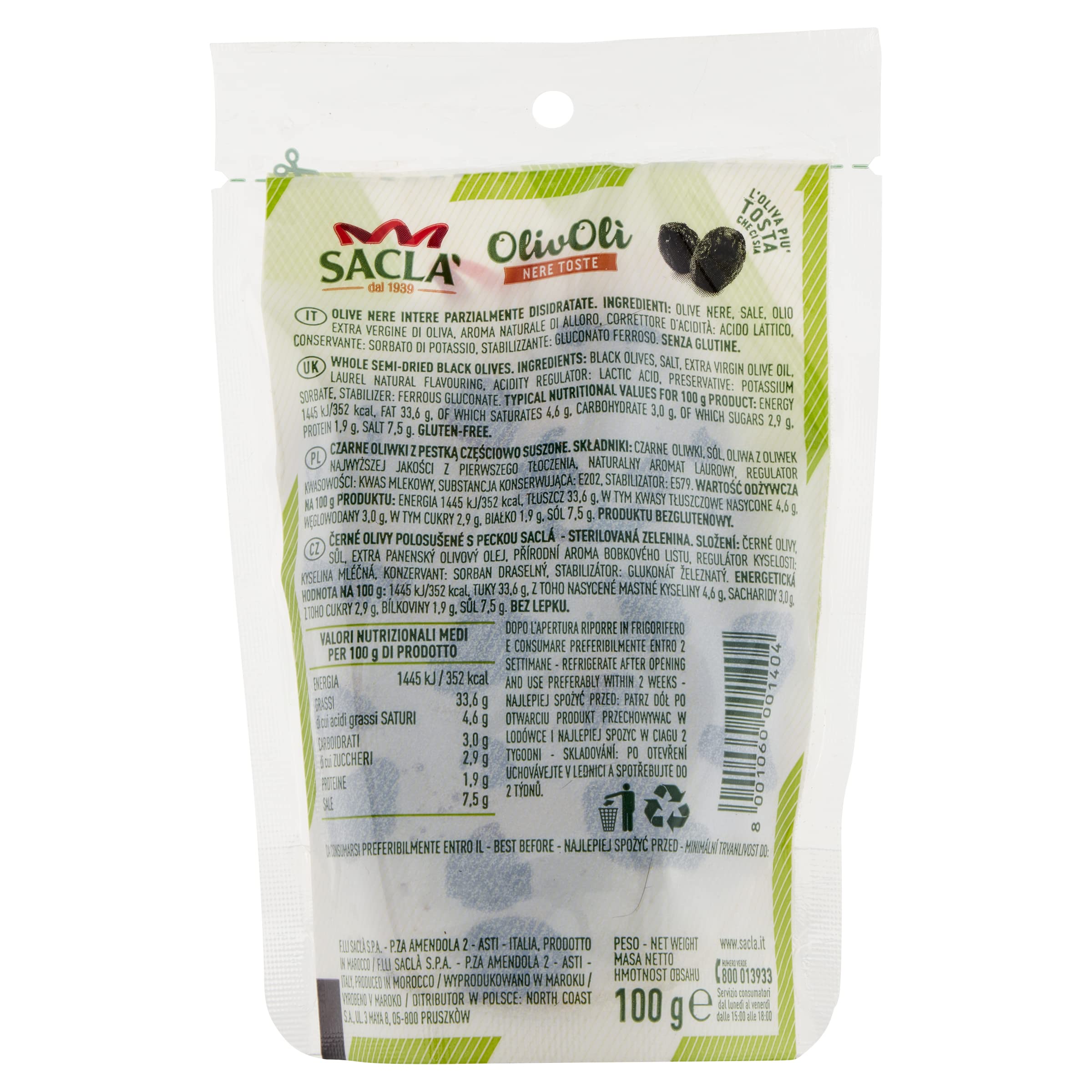 Saclà, OlivOlì, Olive Nere Toste, Ideali per Insalate e per Arricchire i Tuoi Piatti, Busta, 100g, Confezione da 24 pezzi