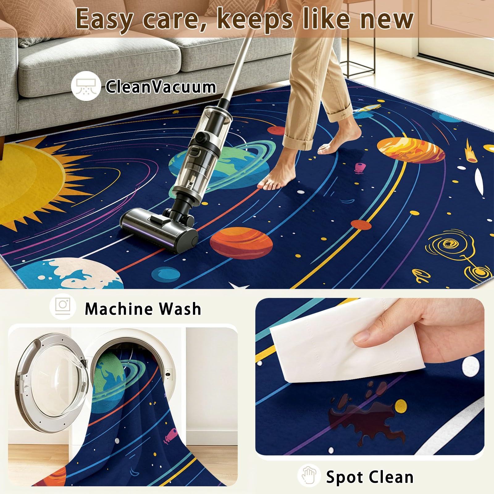 Geometrisch Abstrakt Kinderteppich Sonnensystem Planeten Sternenhimmel Umlaufbahnen, 180 x 240 cm | waschbar Pflegeleicht rutschfest strapazierfähig hautsympathisch, Schlafzimmer Wohnzimmer Esszimmer