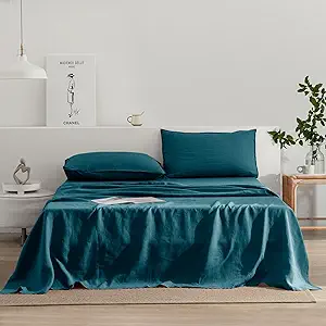 EVERLY Linen Queen Sheets Set, 100% Stonewashed French Linen Bed Sheets Deep Pocket Sheets, 4 Pieces (1 Flat Sheet, 1 Fitted Sheet, 2 Pillowcases) Natural Flax Bedding Set-Graphite Blue