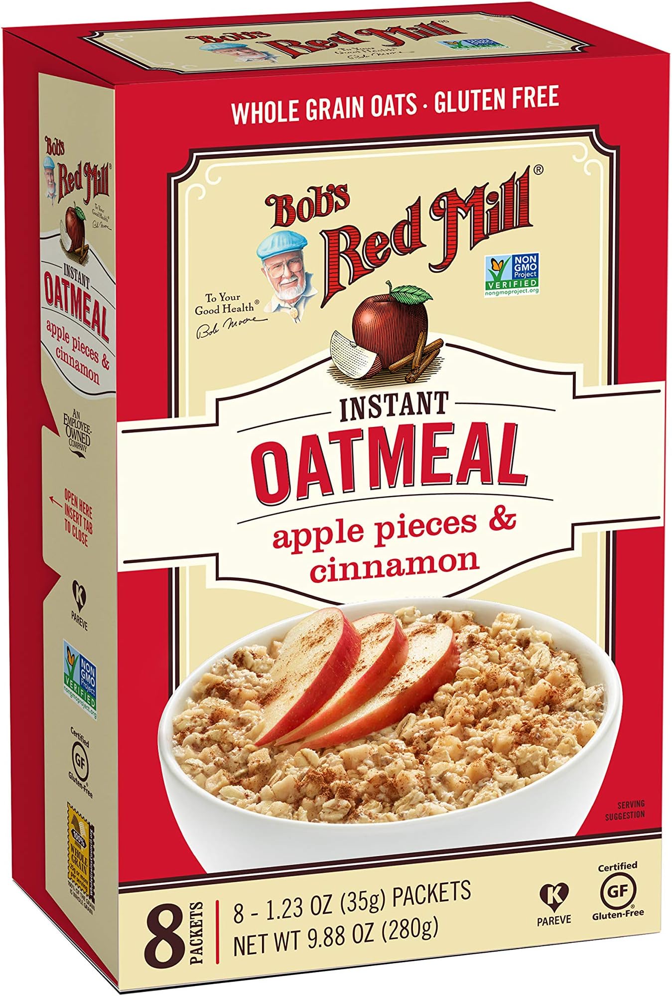 Bob's Red Mill Instant Oatmeal Packets, Apple Pieces & Cinnamon, 8 Packets Total (1 Box/8 Packets per Box), Non-GMO, Gluten Free, 100% Whole Grain