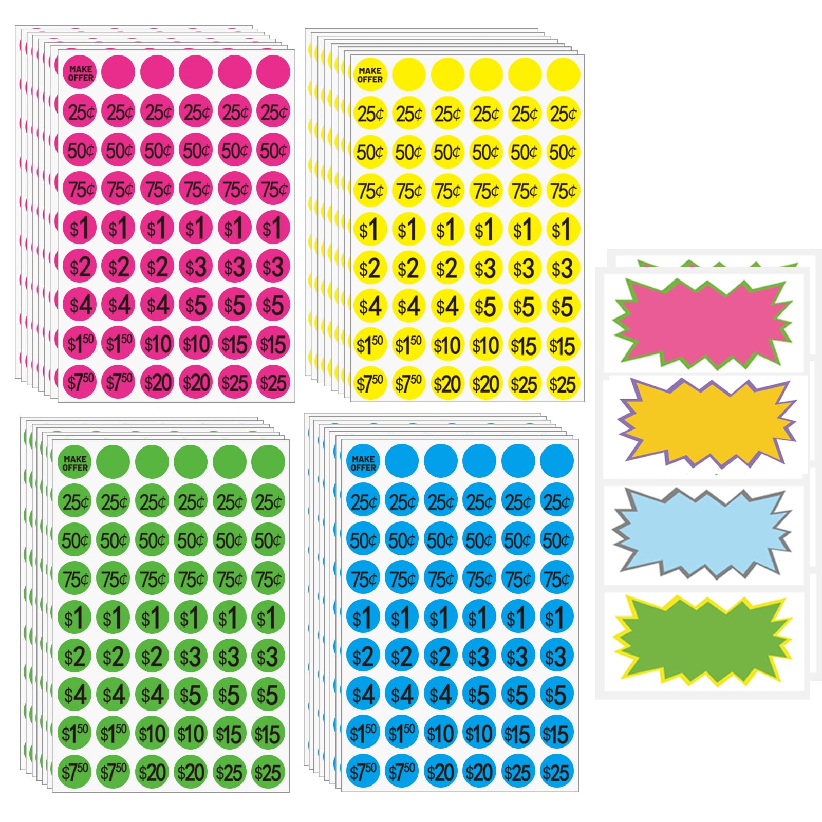 Yeachlaing Preprinted Removable Garage Sale Labels, 0.75 Inches,4 Colors, Pack of 2160 and 20 Large Price Stickers