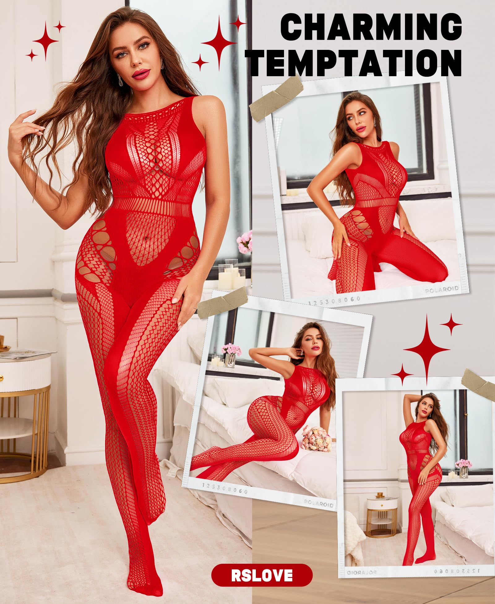 RSLOVE Sexy Lingerie Exotic Bodystocking - Fishnet Cut Out Lingerie Mesh Bodysuit One Piece Babydoll Rave Outfits: One Size Red