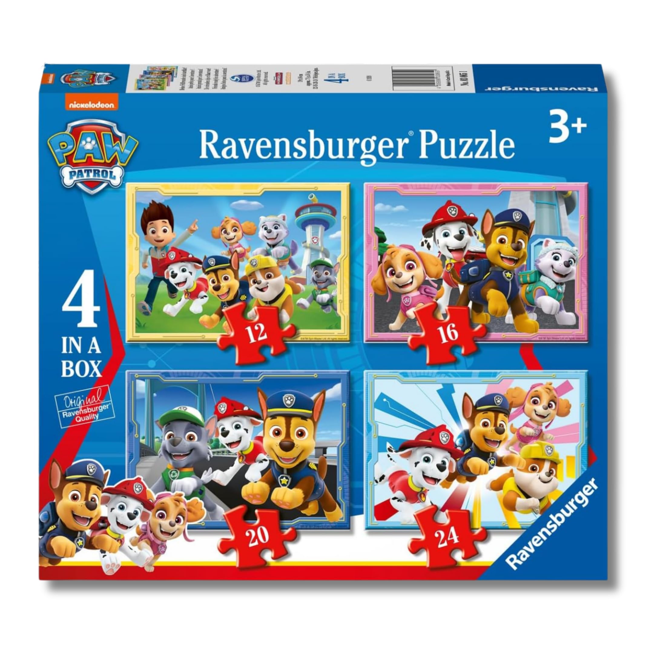 Ravensburger - Puzzle Bambini 3 Anni 4 in a box, Paw Patrol - Puzzle 3 Anni, Collezione Paw Patrol, Include 4 Puzzle 12-16-20-24 Pezzi Progressivi, Giochi Educativi, Idee Regalo