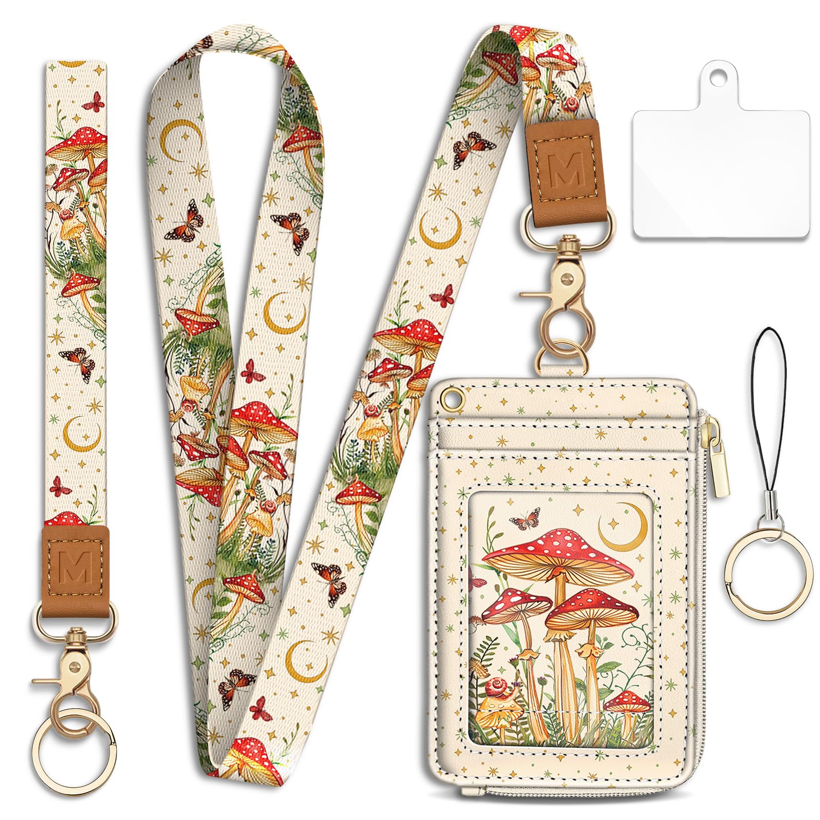 Mavellin Lanyard Wallet with Id Badge Holder, Mushroom RFID Small Keychain Wallet Women Wristlet, Cute Zipper Credit Card Holder Phone Wrist Neck