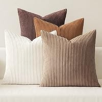 MIULEE Boho Farmhouse 18x18 Throw Pillow Covers Set of 4 - Soft Corduroy Rustic Neutral Brown for Couch Sofa Bed Living Room Decor