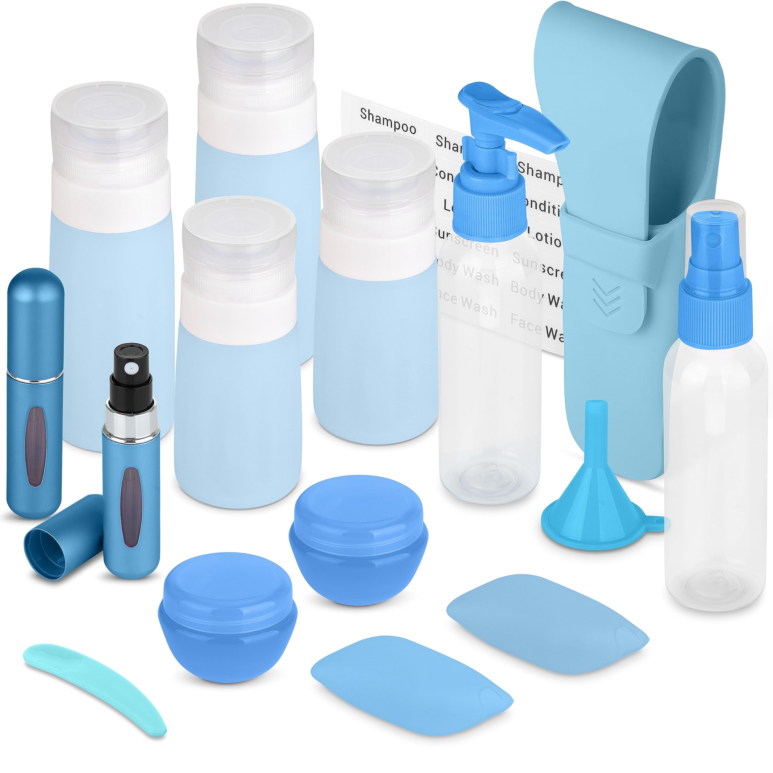 Travel Size Toiletry Bottles, Kit of 16 - TSA Approved Toiletries Essentials for Flying - Silicone Containers, Squeeze Bottles and Accessories for